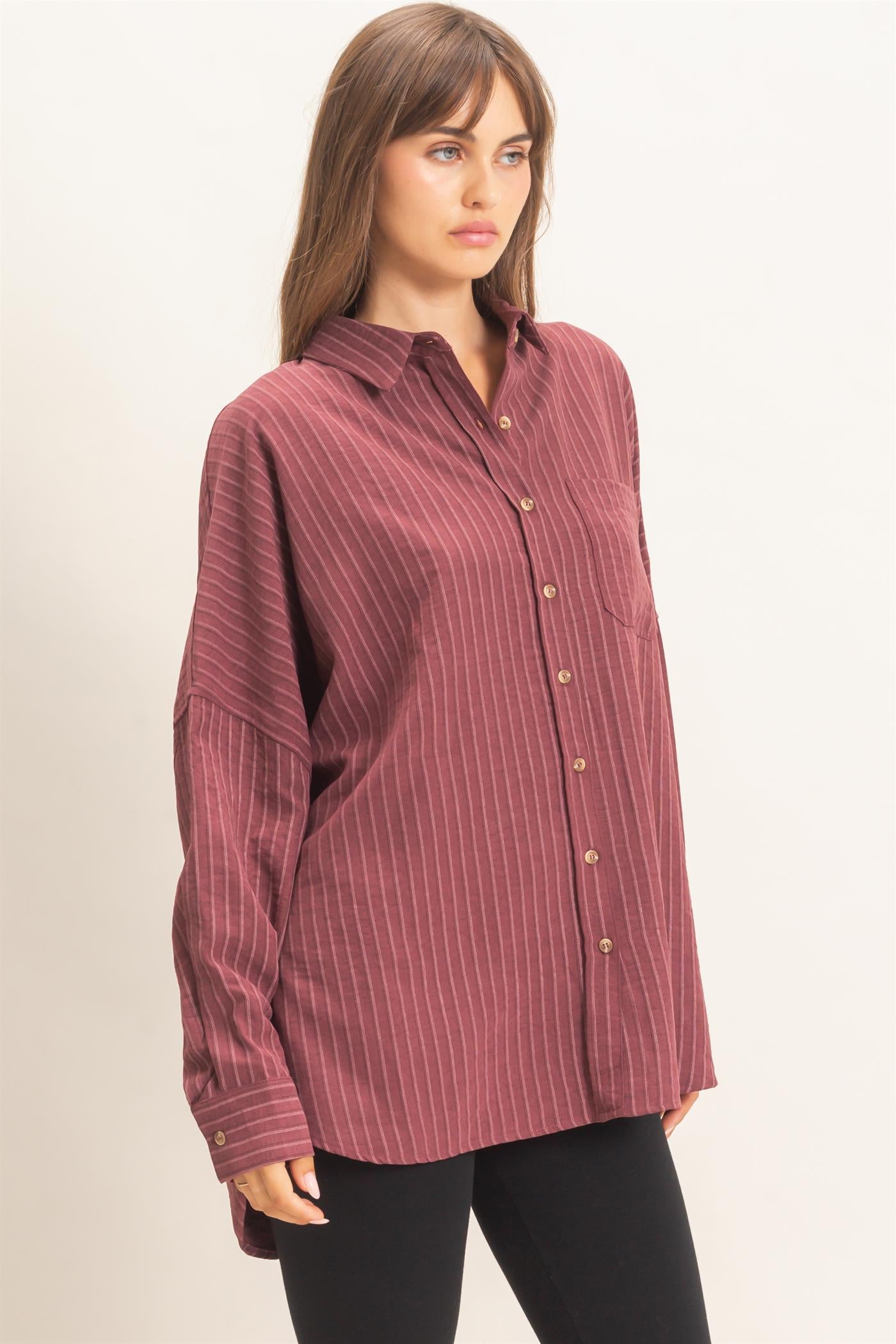 Wholesale Striped Button-Up Shirt Shirts HF26F134 WINE HYFVE