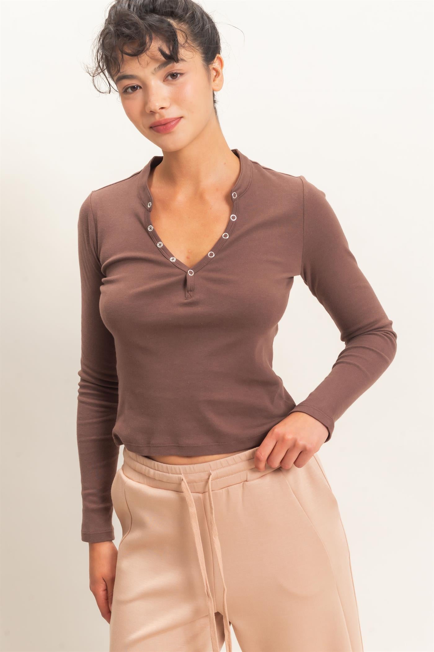 Wholesale Long Sleeve Henley Top Clothing Tops DZ26E865 DARK BROWN DOUBLE ZERO