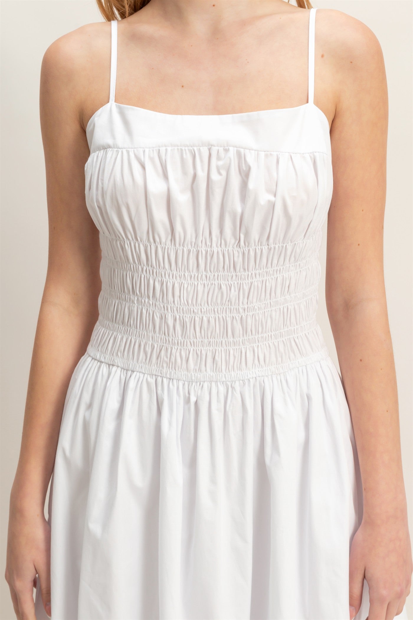 Wholesale Smocked Strapped Midi Dress Dresses HF26A624 WHITE HYFVE