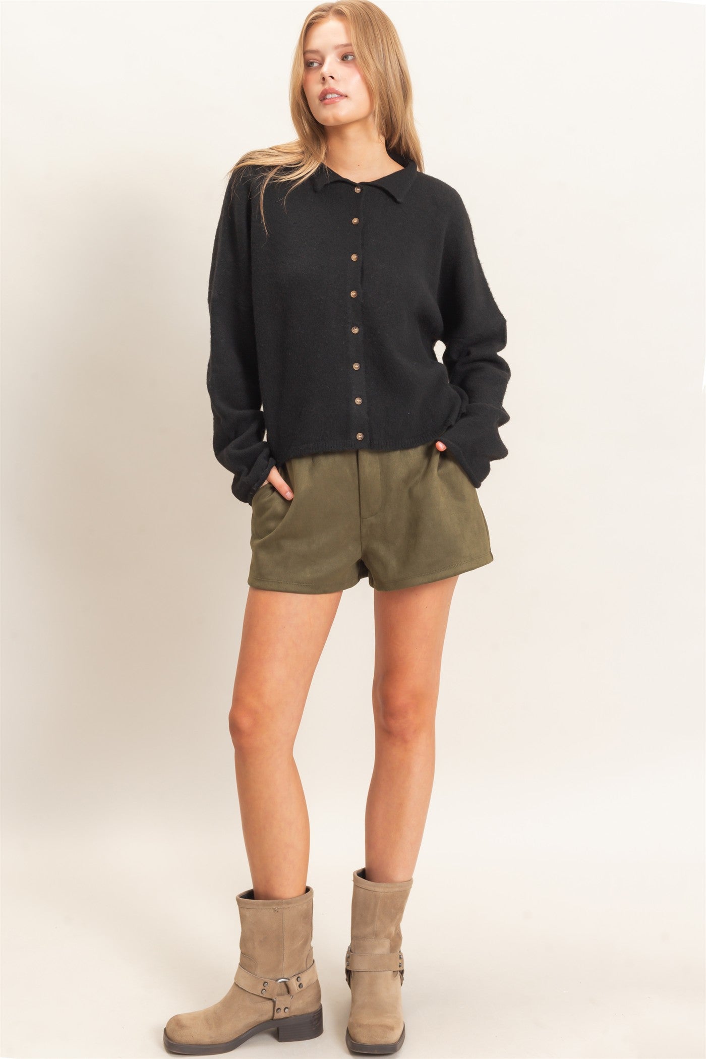 Wholesale Button-Up Collared Sweater Cardigan Cardigans HF26E039 BLACK HYFVE