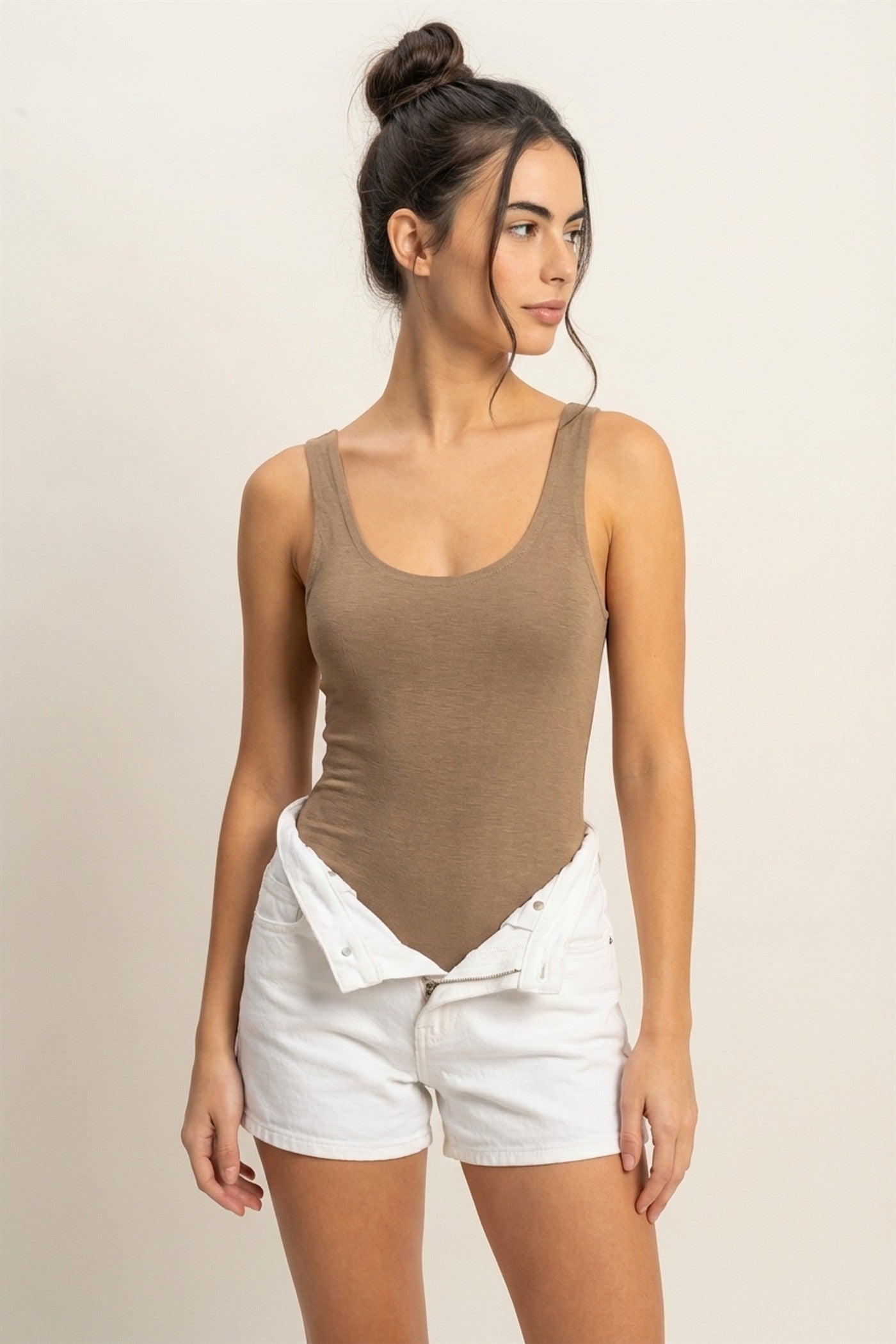 Wholesale Scoop Neck Tank Bodysuit Clothing Tops DZ24A855-D MOCHA BROWN DOUBLE ZERO