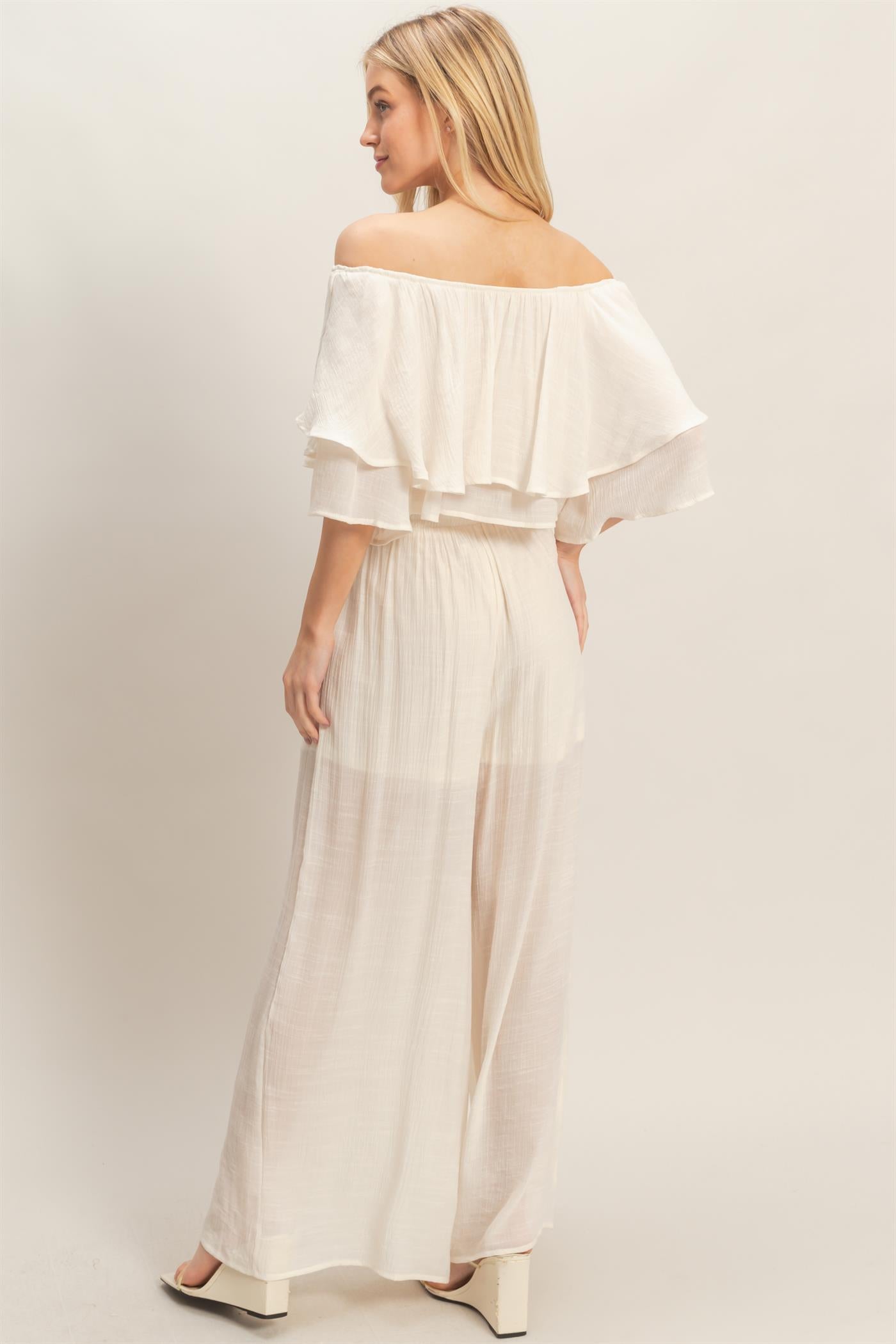 Wholesale Off Shoulder Top & Pleated Pant Set Clothing HF26C291-SET-D CREAM HYFVE