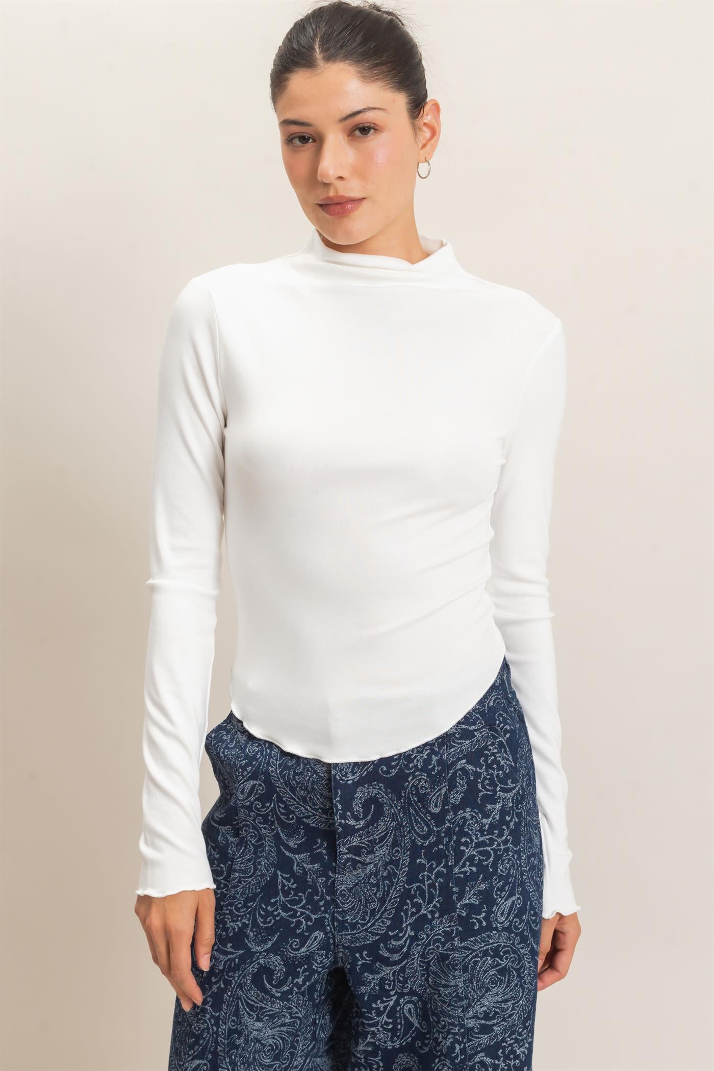 Wholesale Long Sleeve Lettuce Hem Top Clothing Tops HF26F122 IVORY HYFVE