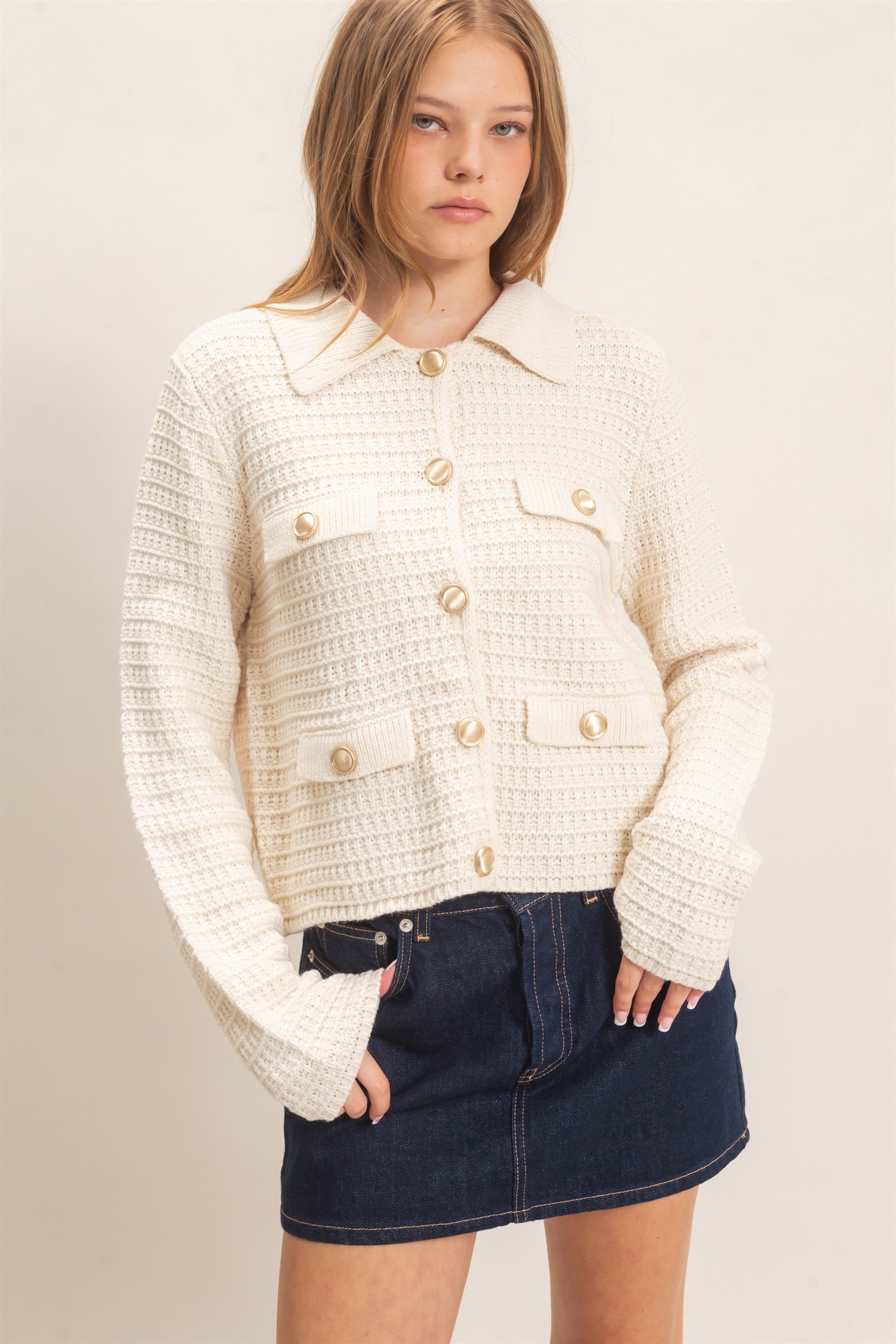 Wholesale Textured Collared Sweater Jacket Cardigans HF26F190 CREAM HYFVE