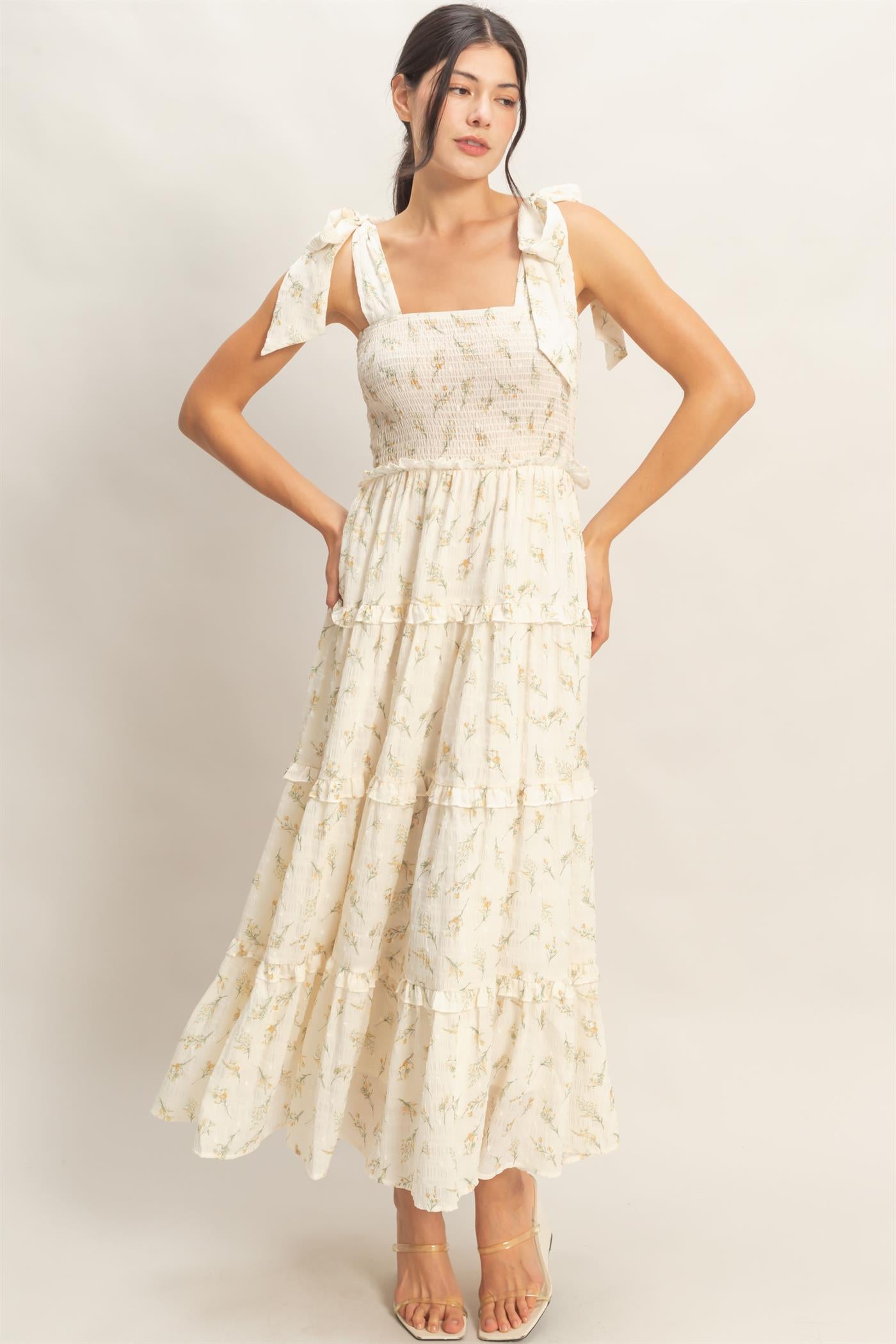 Wholesale Floral Tiered Maxi Dress Dresses HF26A156 YELLOW HYFVE