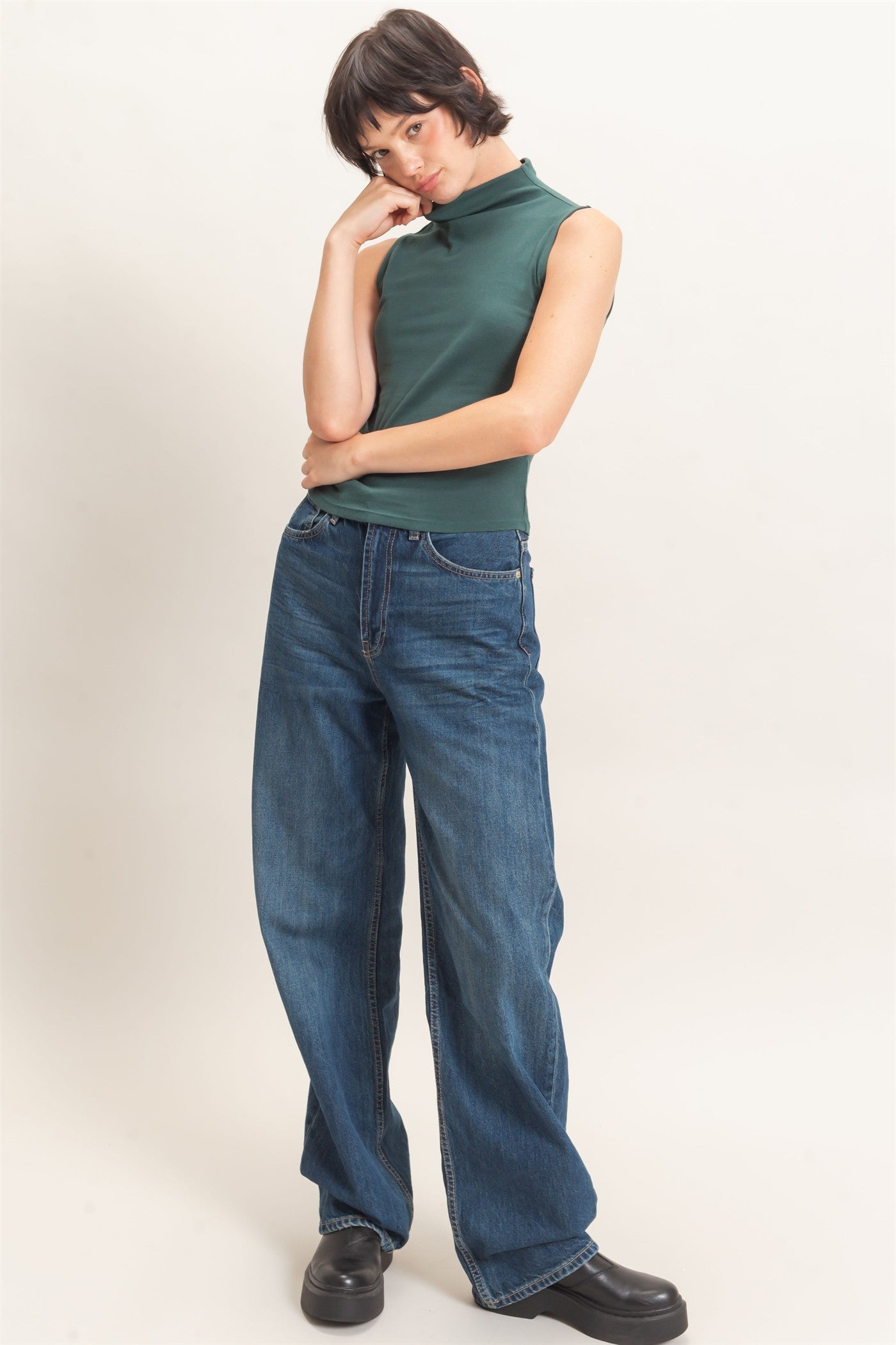 Wholesale Sleeveless Mock Neck Top Clothing Tops DZ26E397 DARK GREEN DOUBLE ZERO