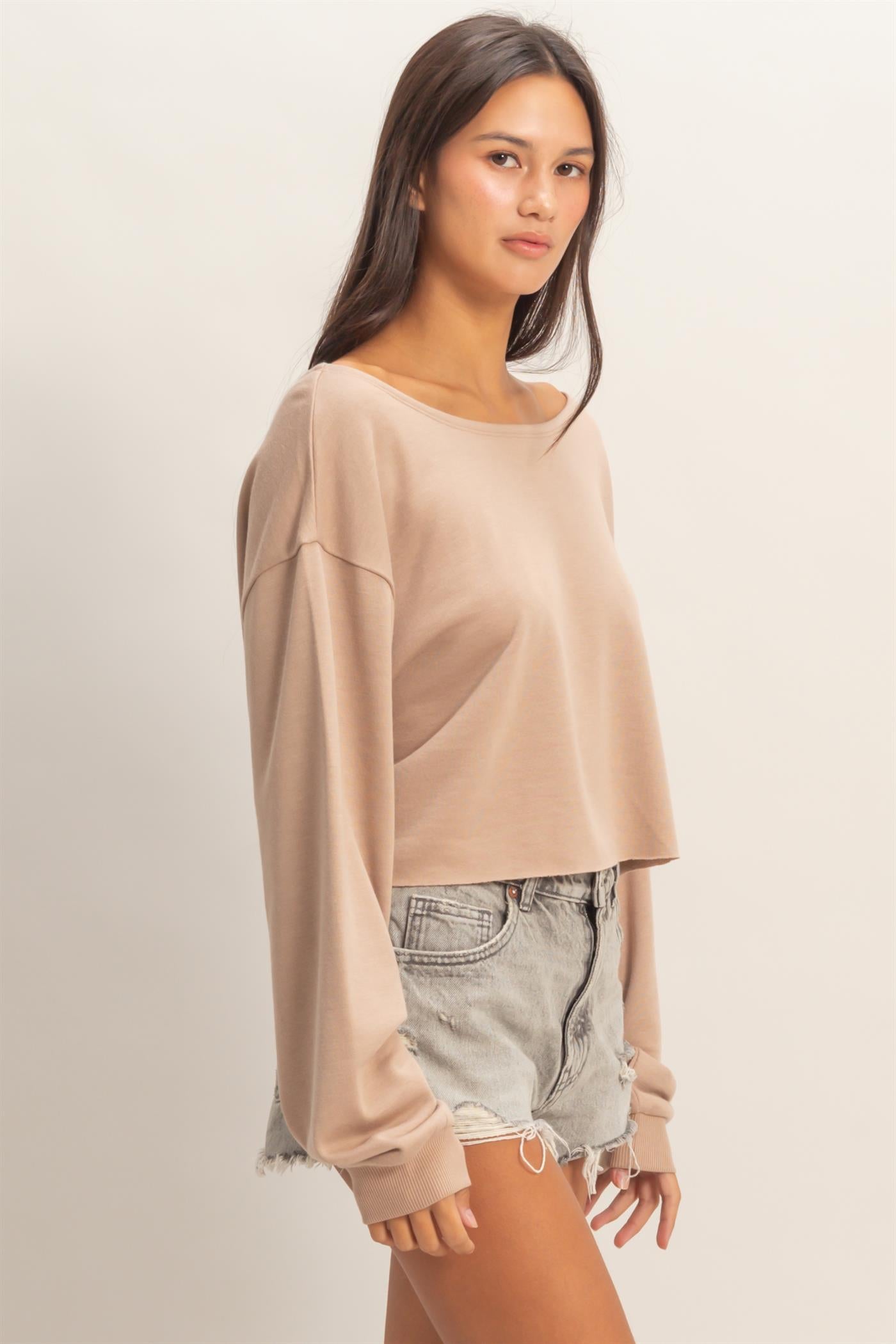 Wholesale Casually Cute Boat Neck Long Sleeve Top Clothing Tops DZ25C023 DARK TAUPE DOUBLE ZERO