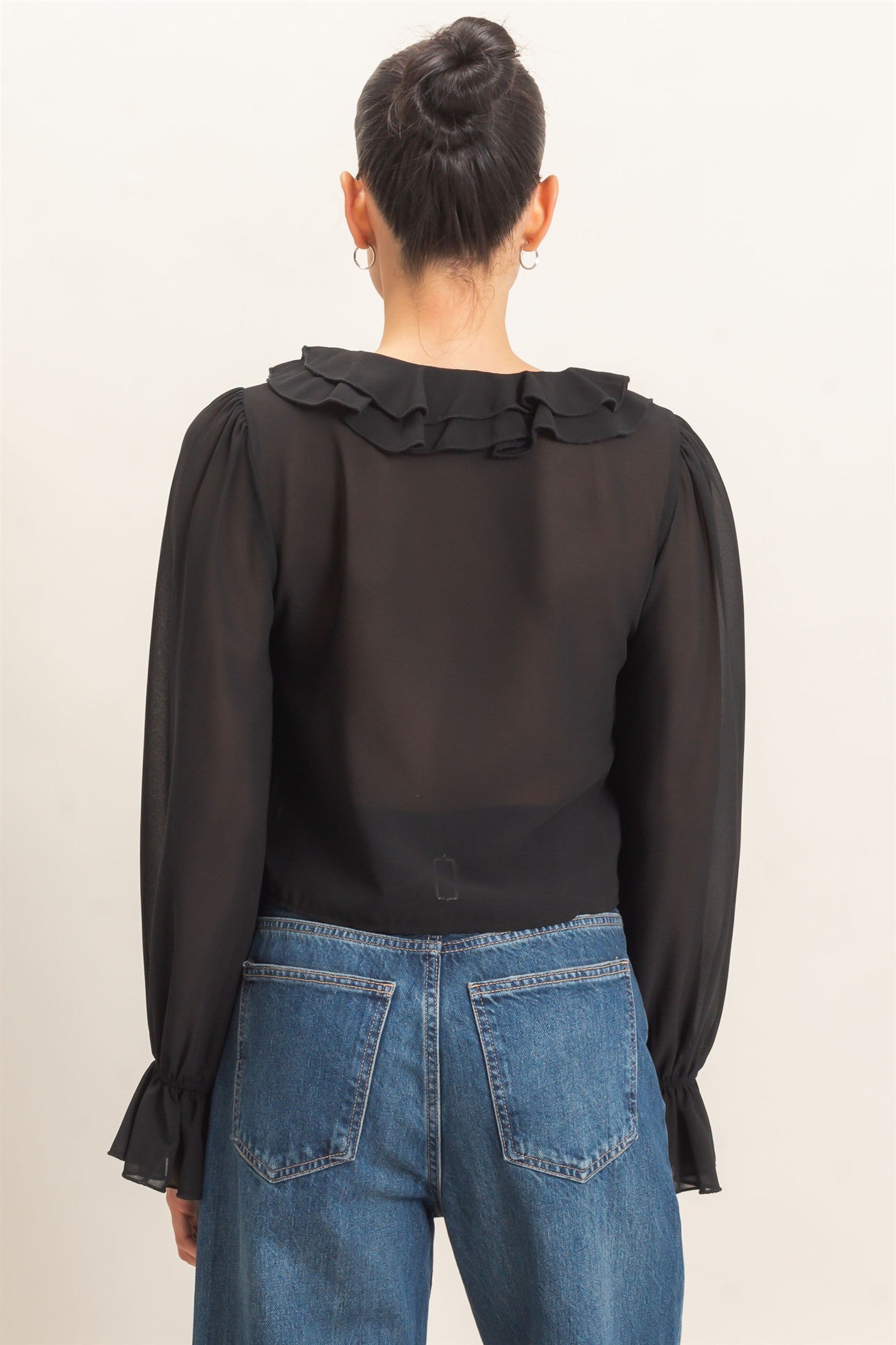 Wholesale Ruffled V-Neck Blouse Blouses HF26F066 BLACK HYFVE