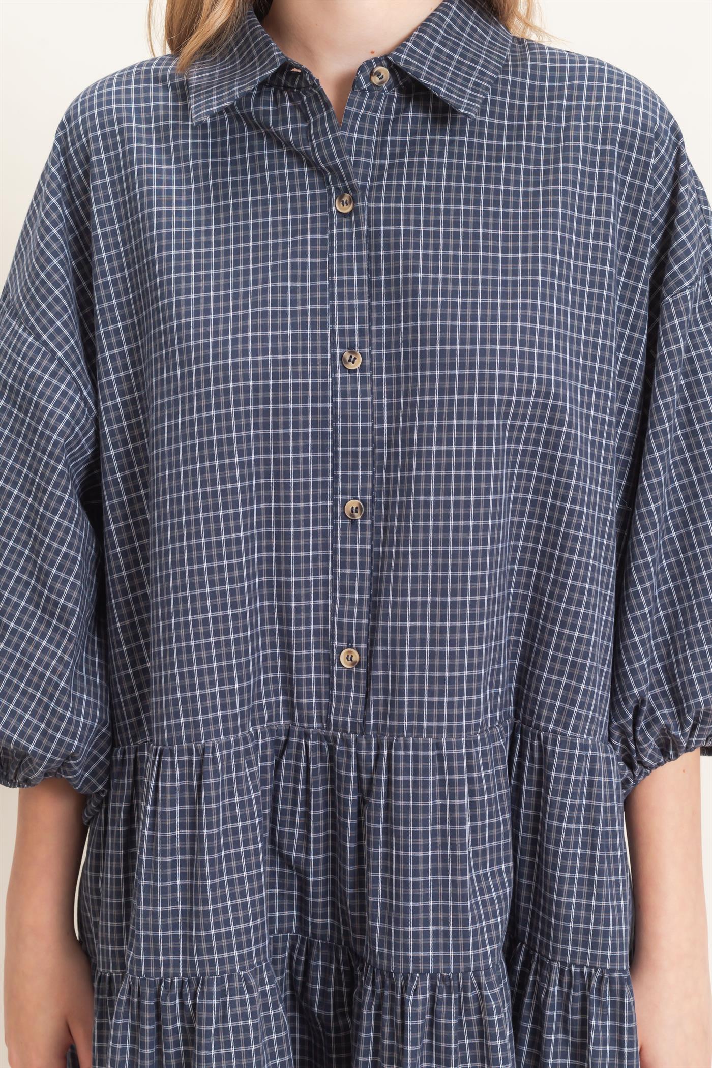 Wholesale Plaid Button-Down Tiered Dress Dresses HF26E795 NAVY HYFVE