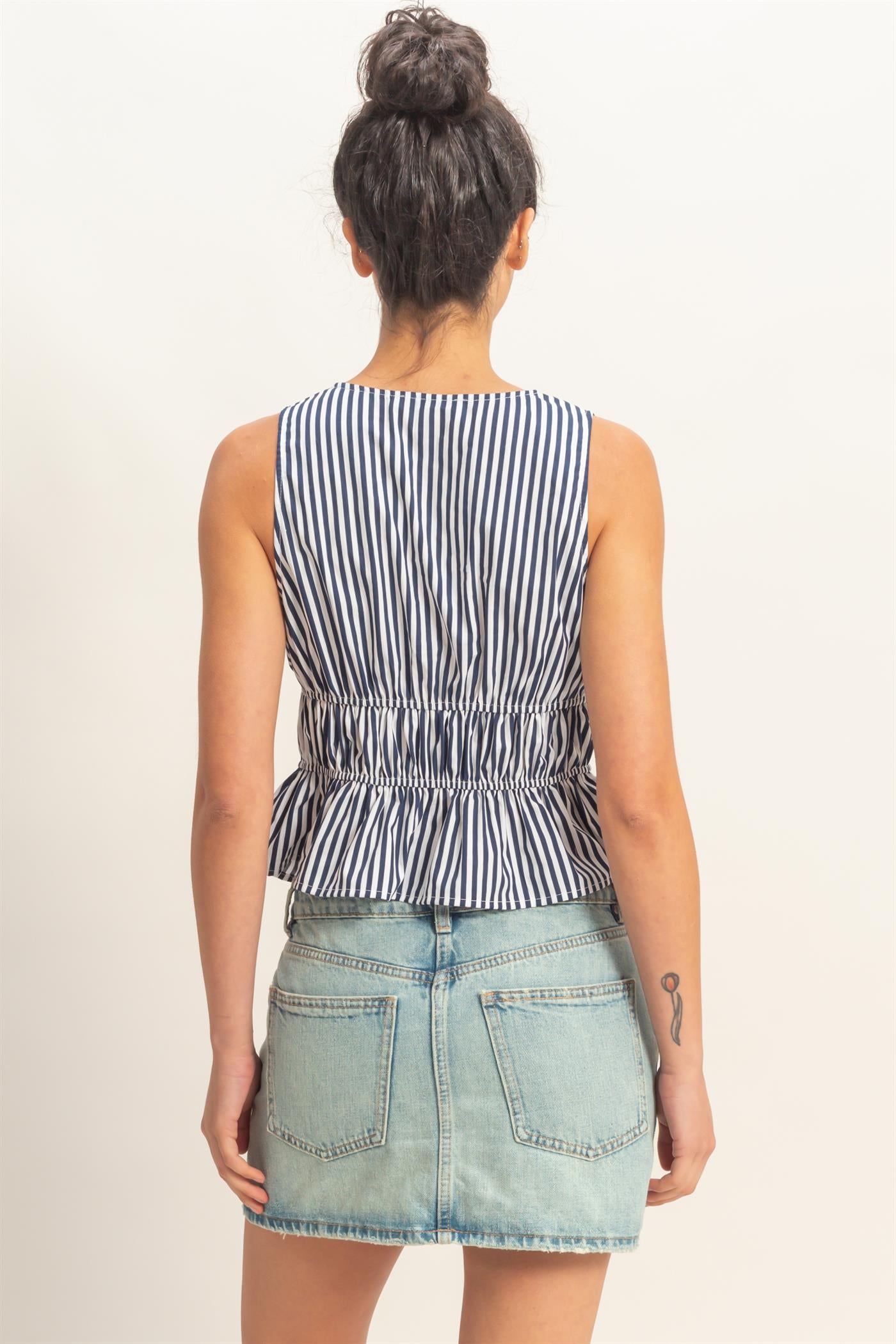 Wholesale Striped Tie Front Peplum Sleeveless Top Clothing Tops DZ26C534 NAVY DOUBLE ZERO