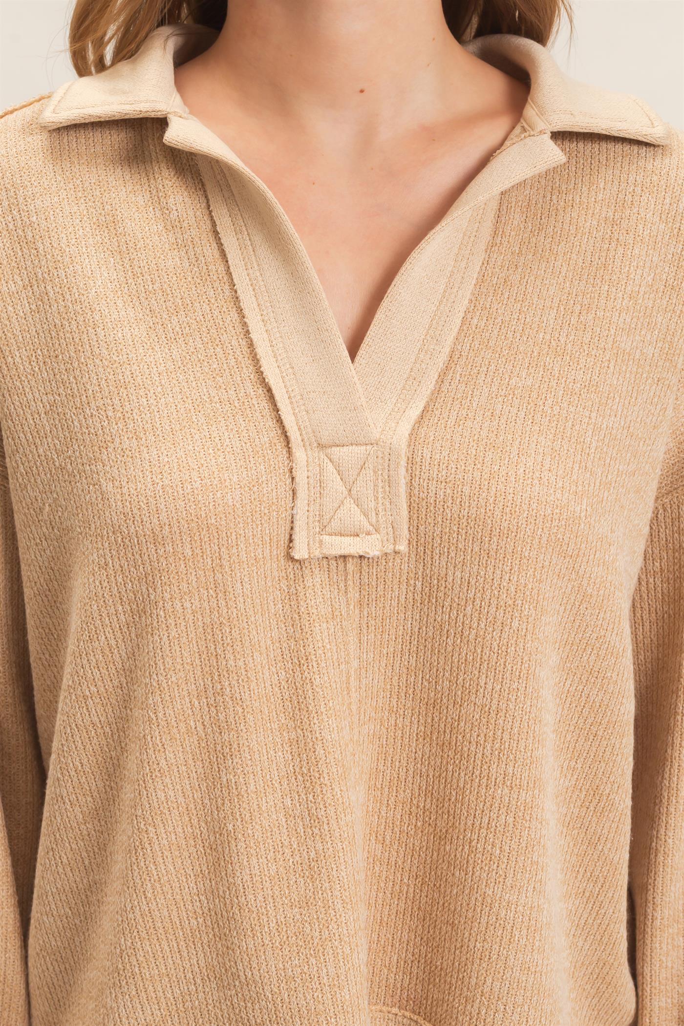 Wholesale Ribbed Collared Pullover Top Clothing Tops HF26E472 CAMEL HYFVE