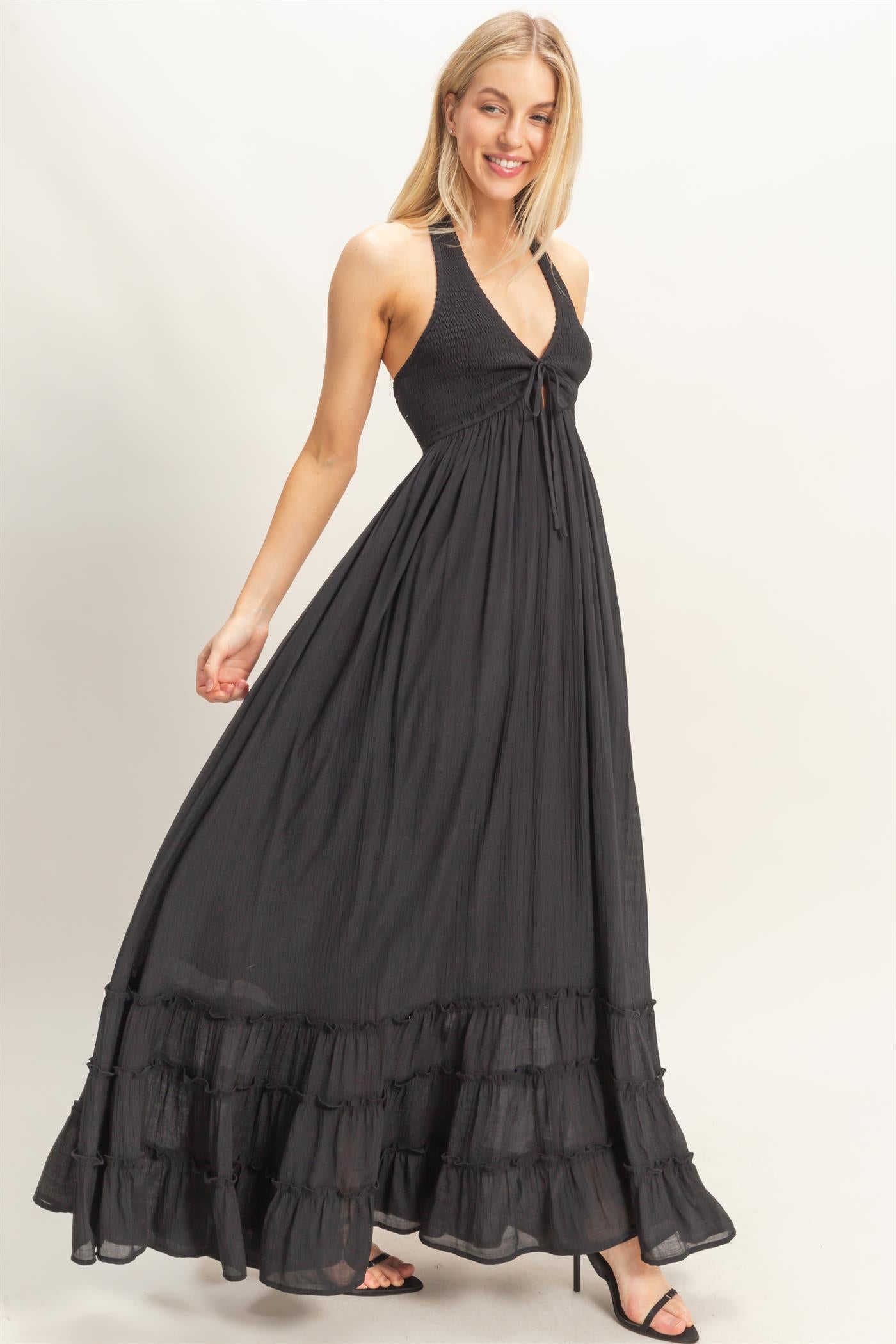 Wholesale Halter Neck Smocked Maxi Dress Dresses HF26C287-D BLACK HYFVE