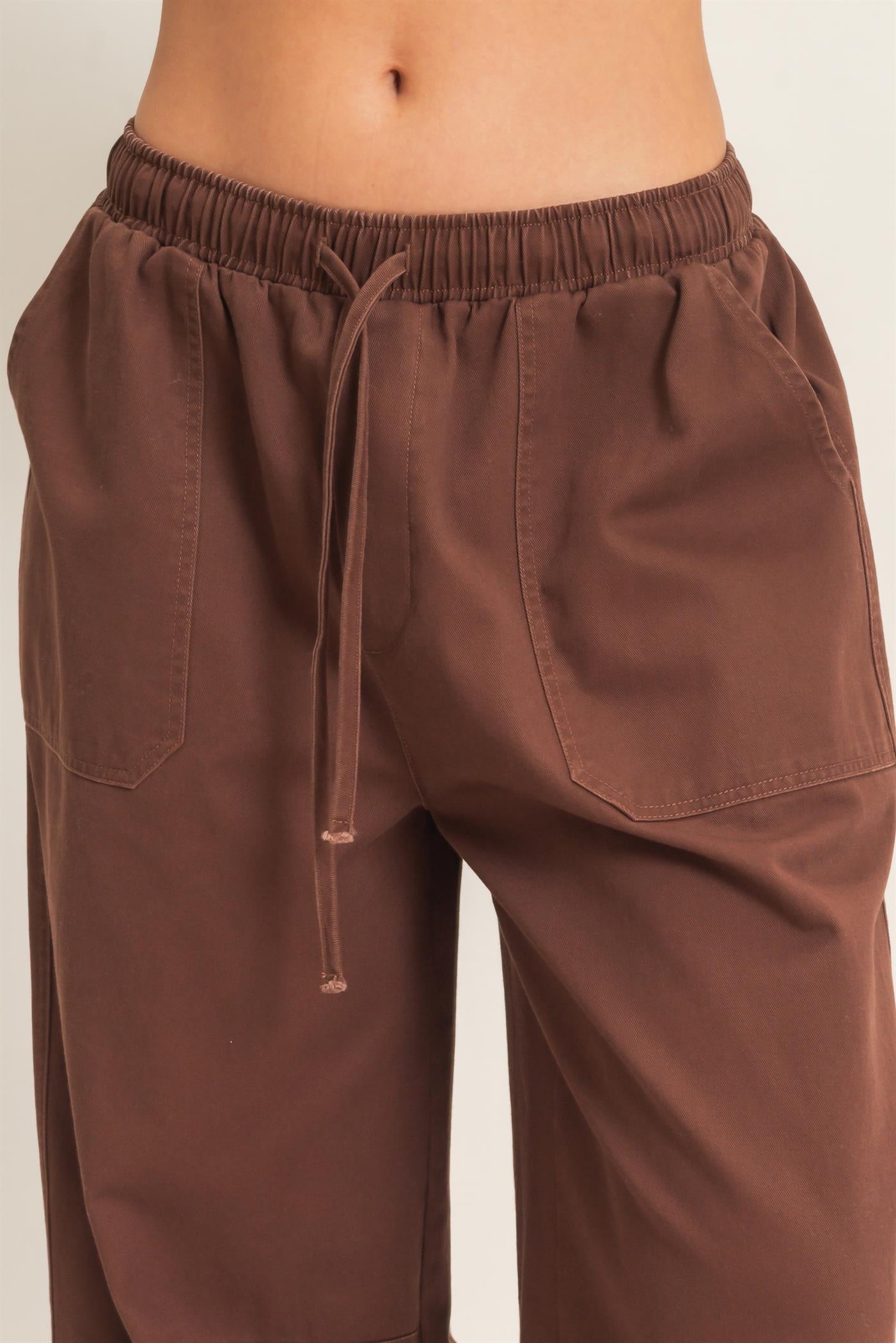 Wholesale Twill Elastic Waist Barrel Pants Pants DZ27A228 DARK BROWN DOUBLE ZERO