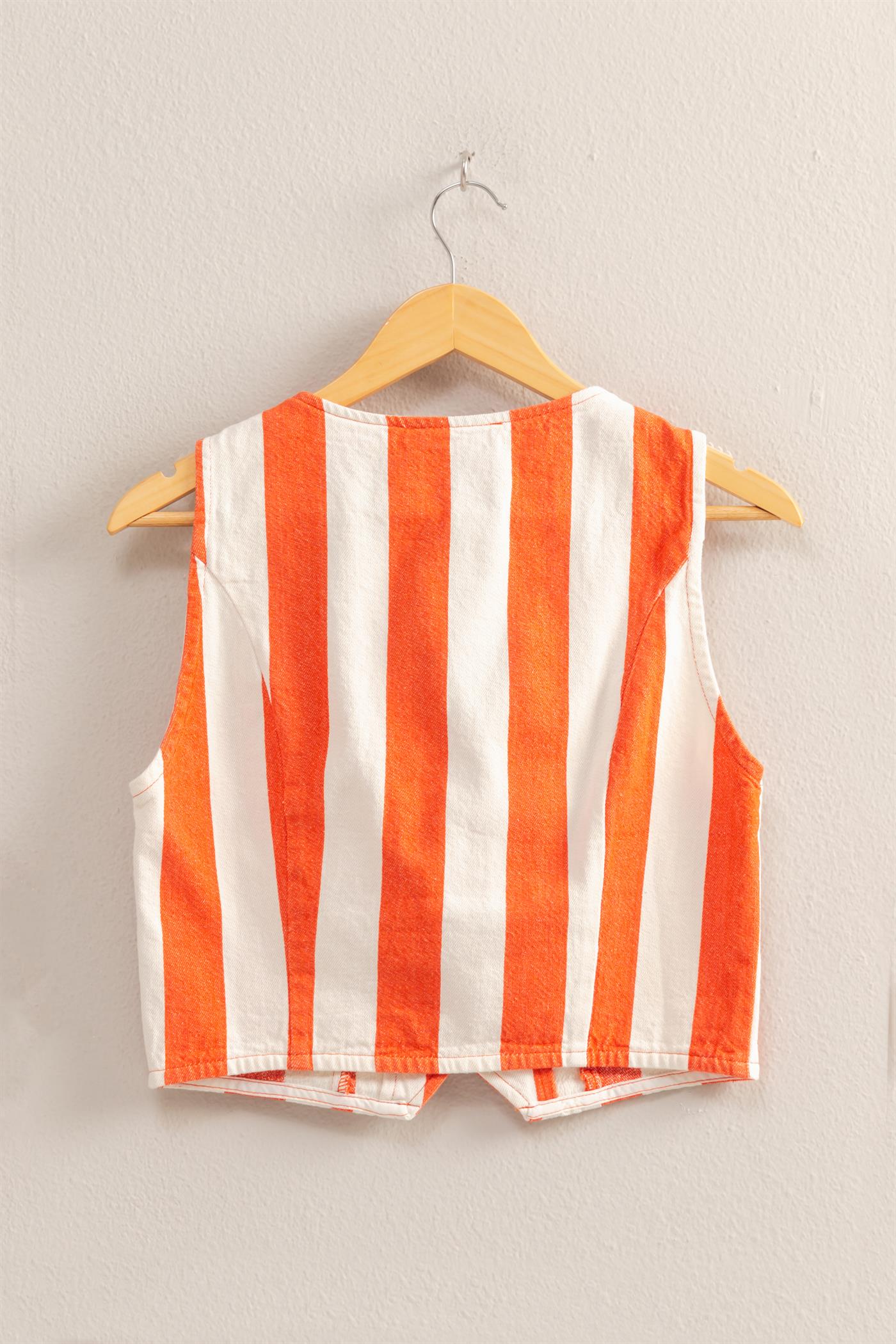 Wholesale Woven Striped V-Neck Sleeveless Vest Vests DZ25A806 TOMATO/CREAM DOUBLE ZERO