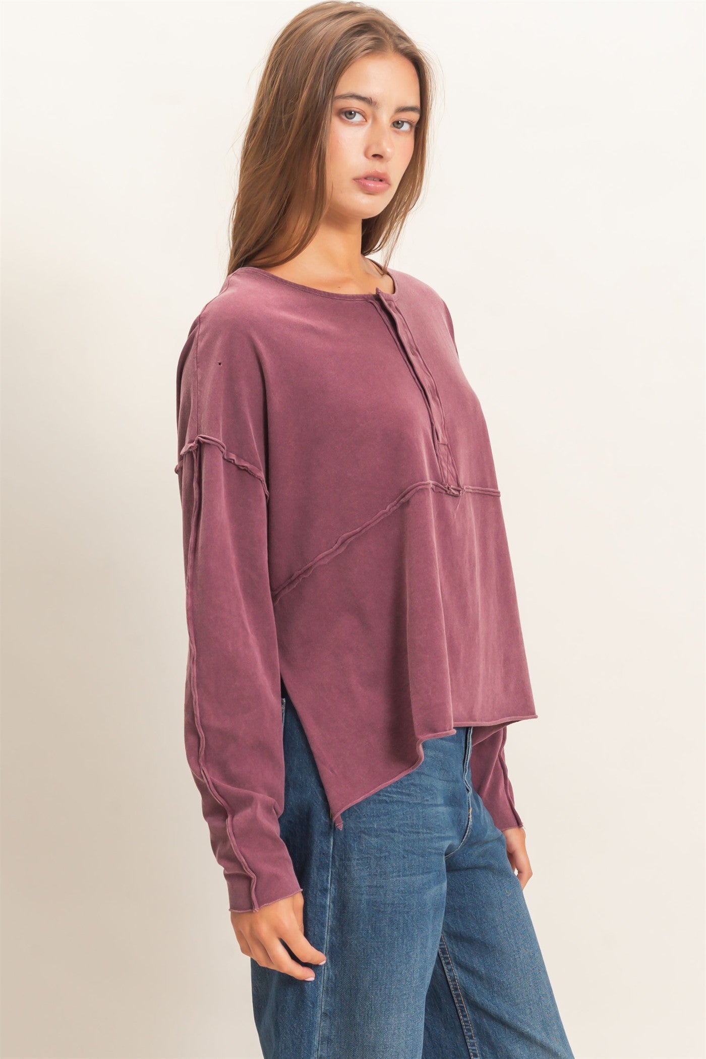 Wholesale Oversized Henley Top With Raw Edges Clothing Tops DZ26F128 DARK CHERRY DOUBLE ZERO
