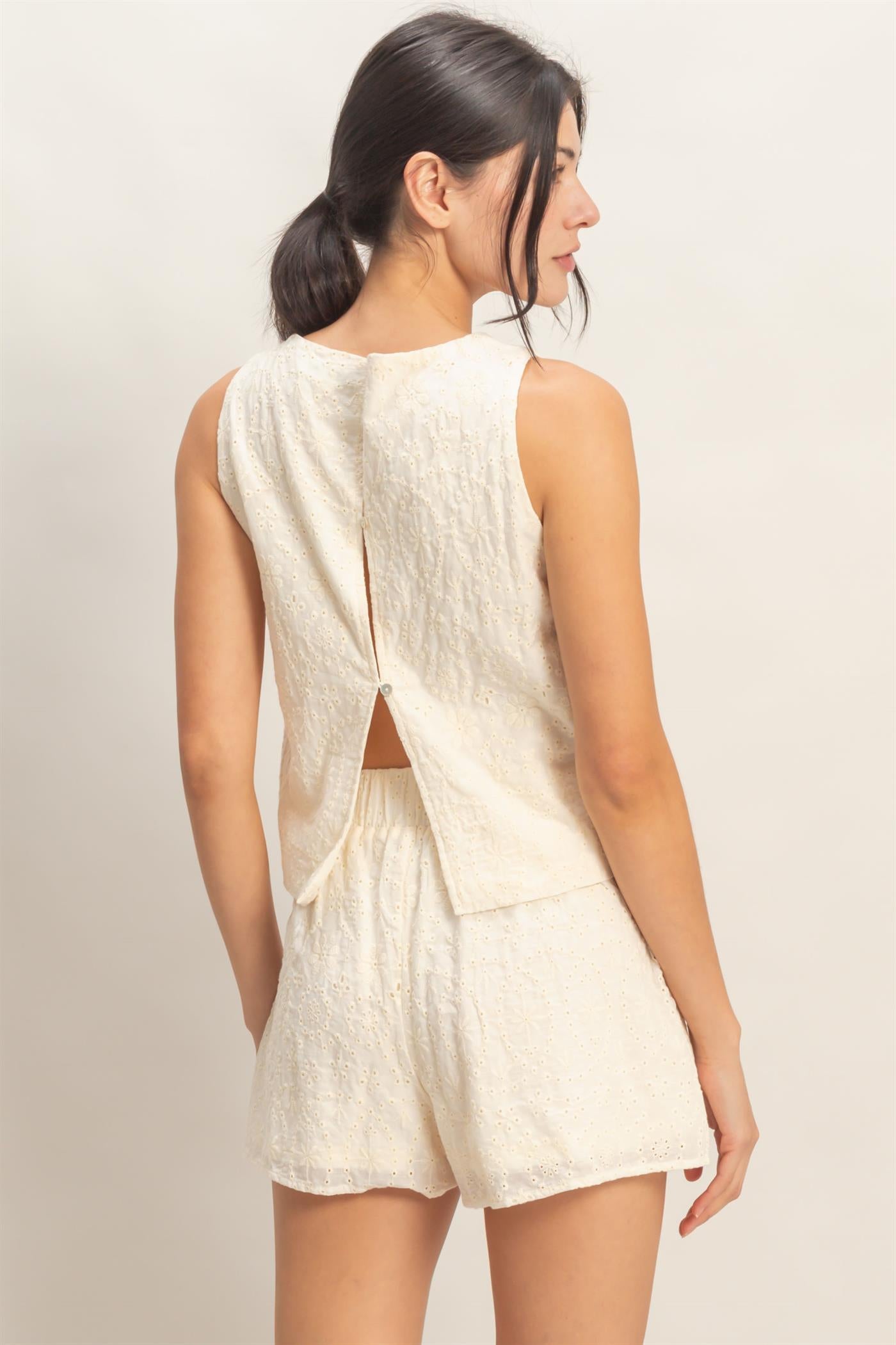 Wholesale Eyelet Sleeveless Top & Shorts Set Clothing HF26C216-SET CREAM HYFVE