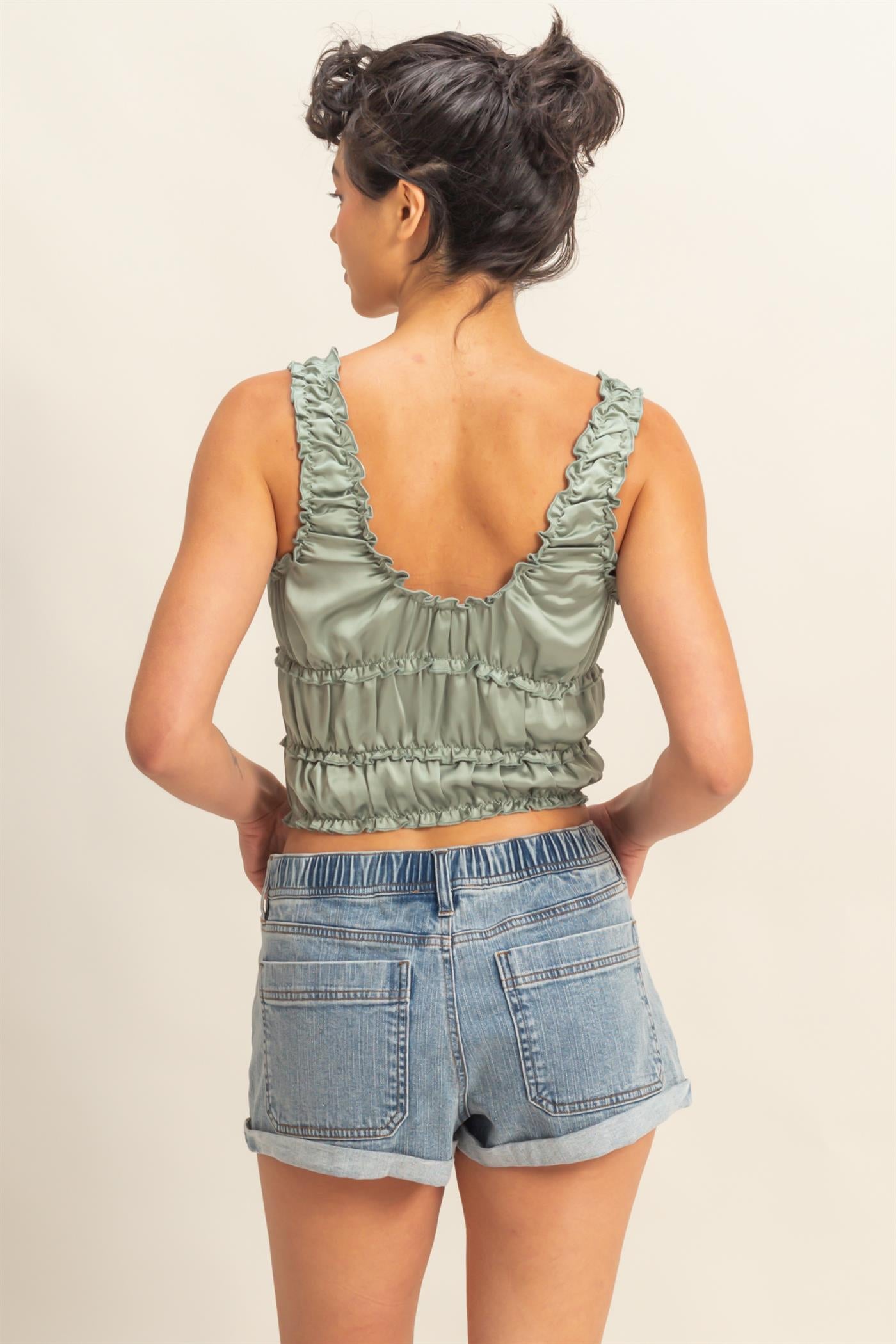 Wholesale Ruched Satin Sleeveless Crop Top Clothing Tops DZ25C172 SAGE GREEN DOUBLE ZERO