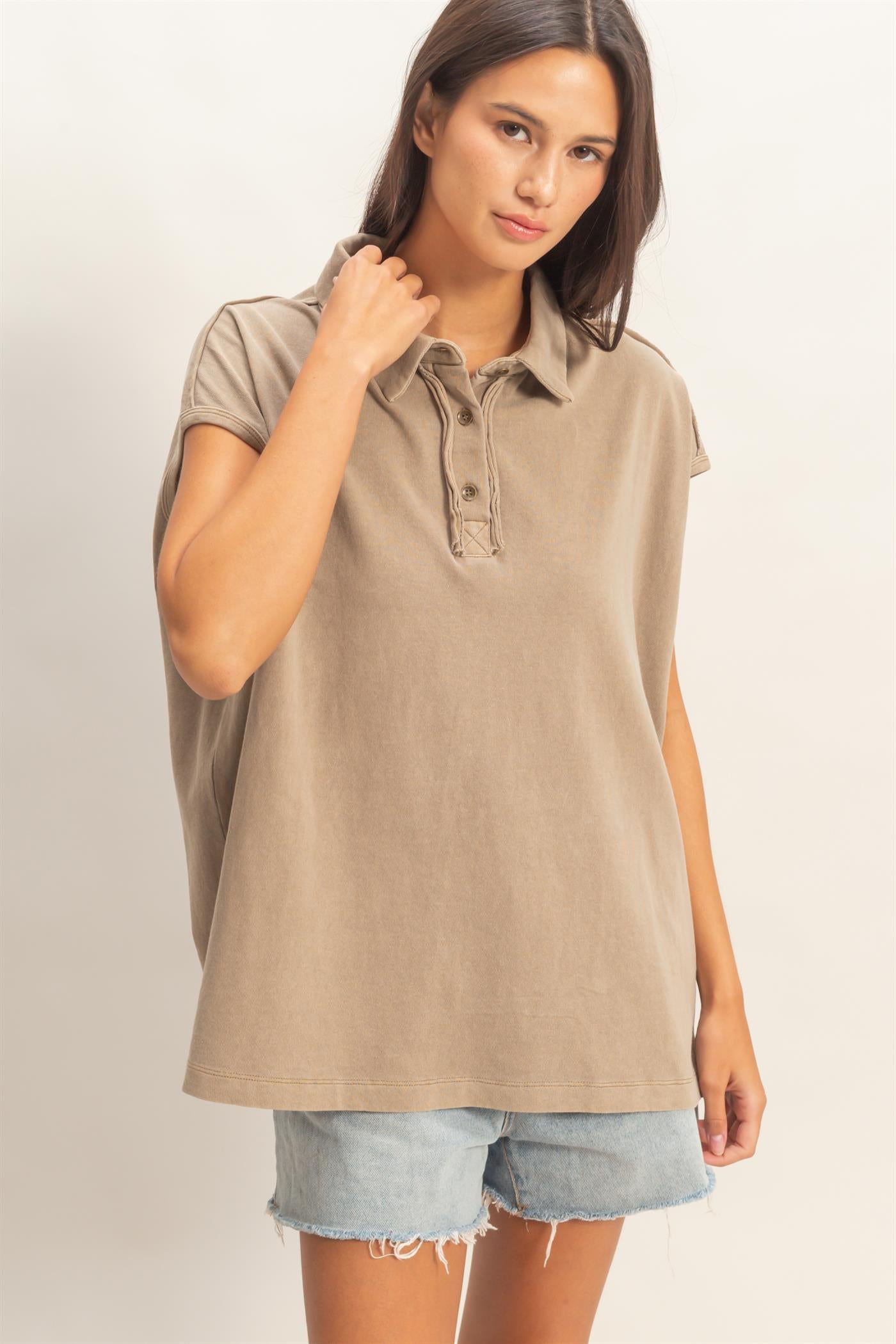 Wholesale Pigment Dye Sleeveless Polo Oversized Top Clothing Tops DZ26C618 MOCHA DOUBLE ZERO