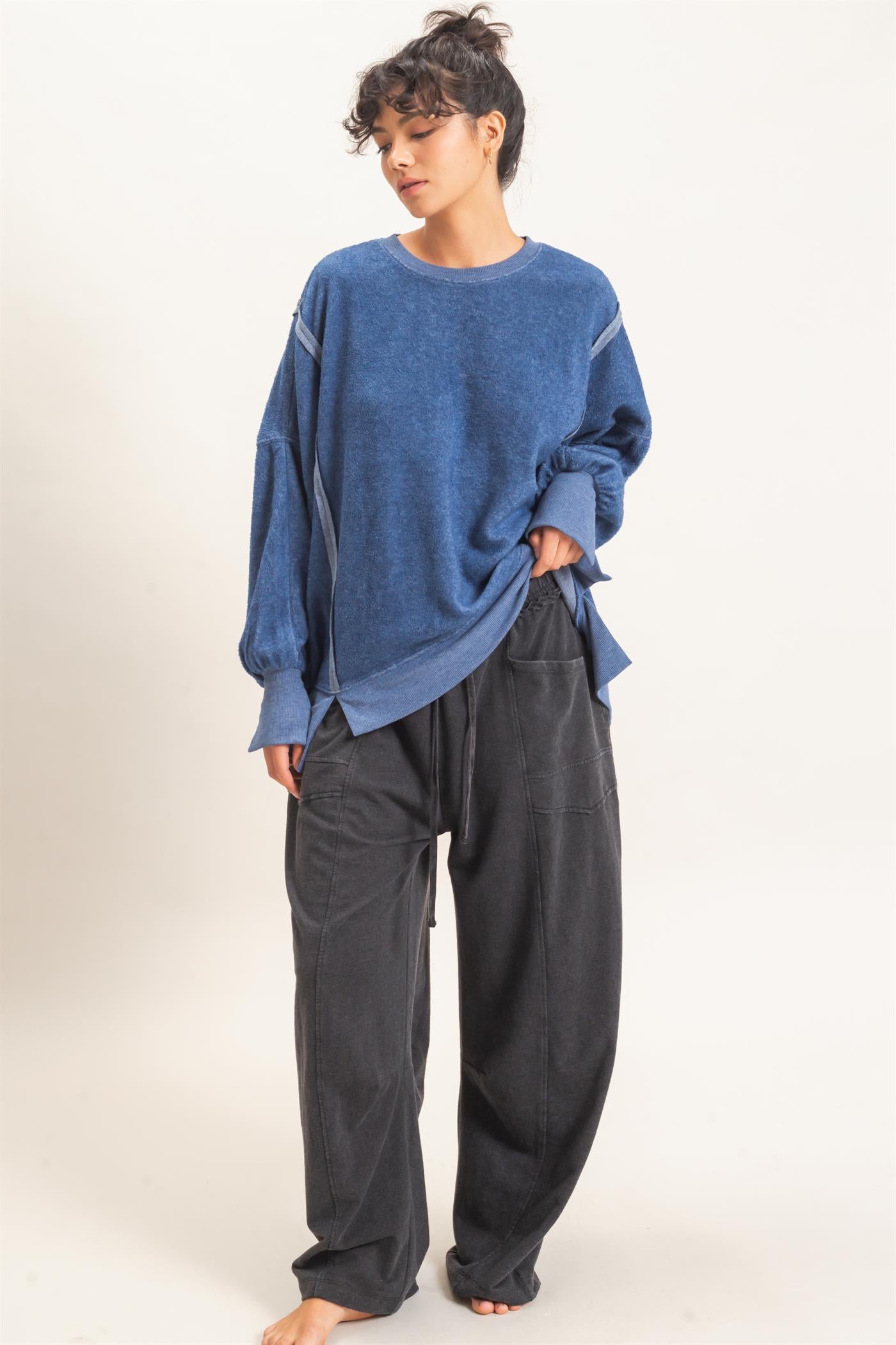 Wholesale Mineral Washed Barrel Sweatpants Pants DZ26F246 BLACK DOUBLE ZERO
