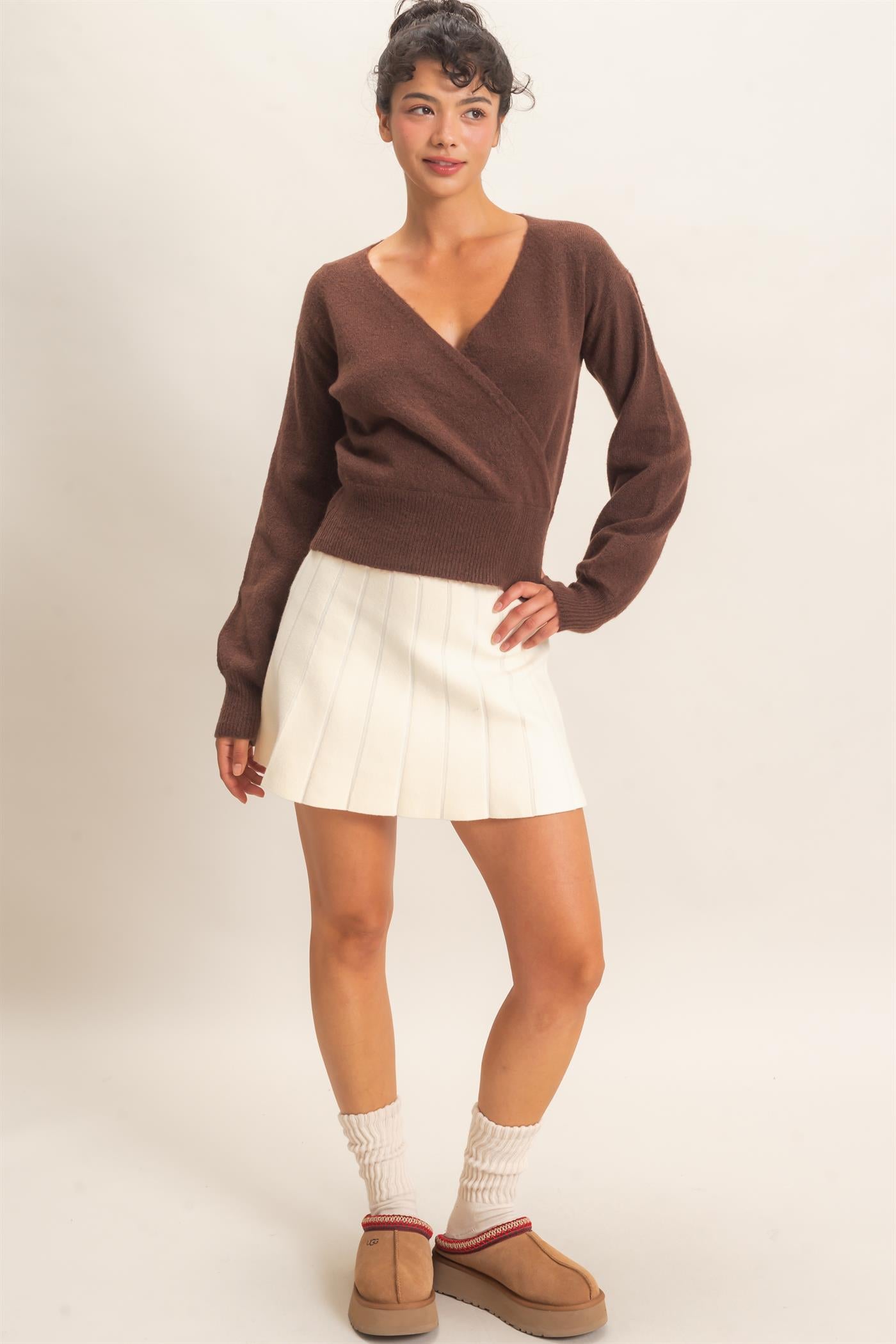 Wholesale Wrap V Neck Sweater Sweaters DZ26E948 DARK BROWN DOUBLE ZERO
