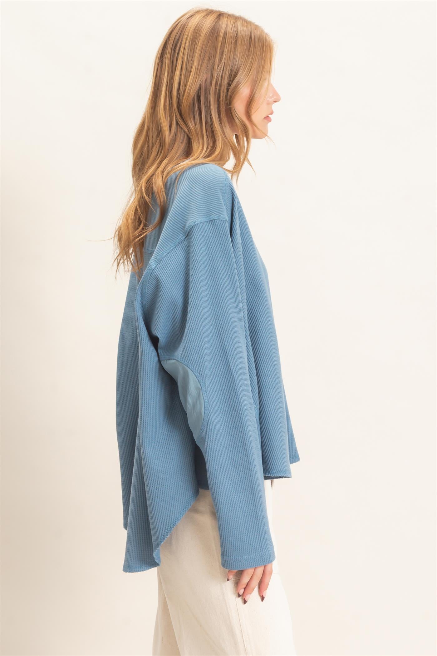 Wholesale Waffle Knit Crew Neck Top Clothing Tops HF26E078 BLUE HYFVE