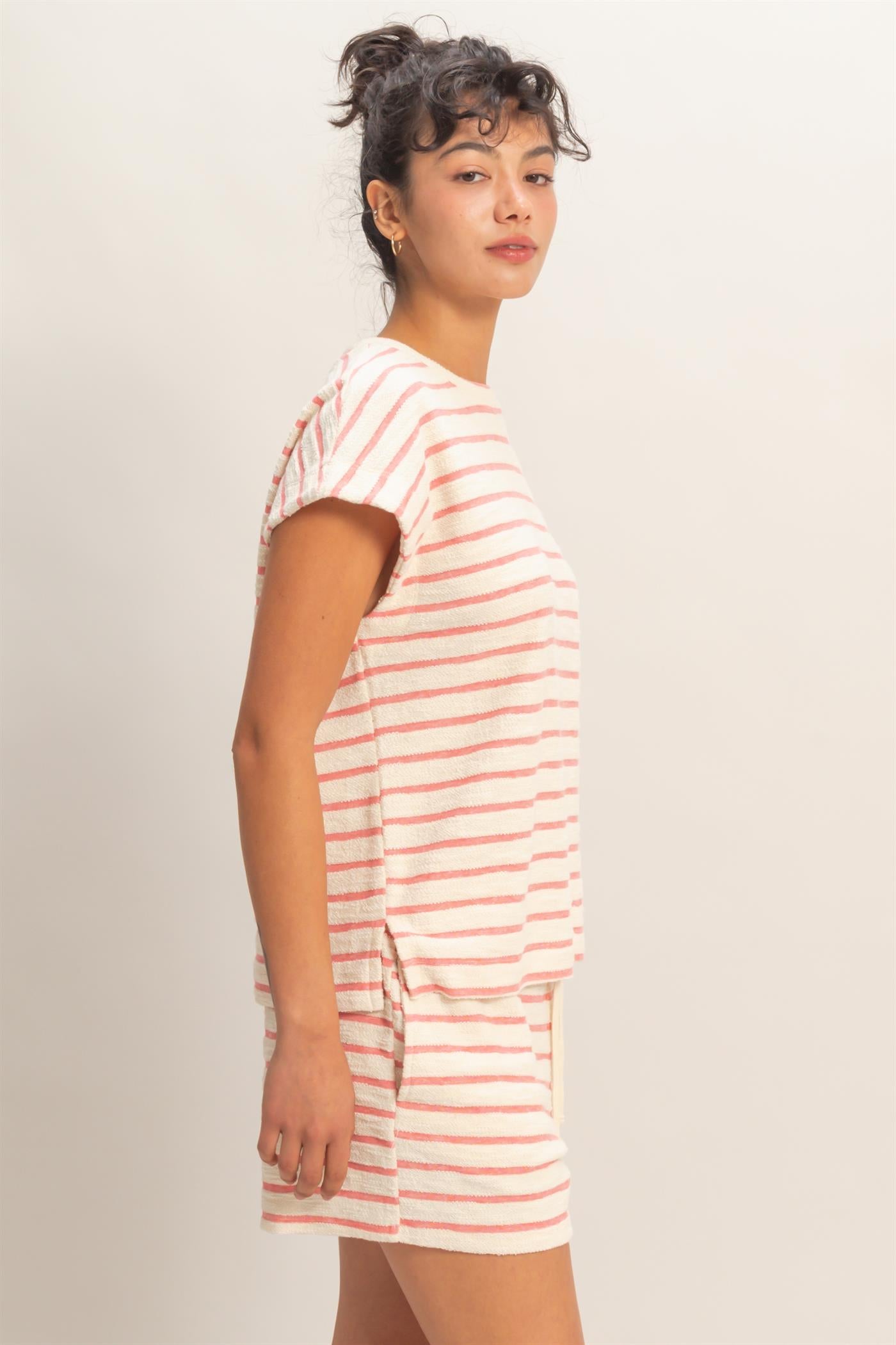 Wholesale Striped Round Neck Short Sleeve Top Clothing Tops DZ26A754 RED DOUBLE ZERO