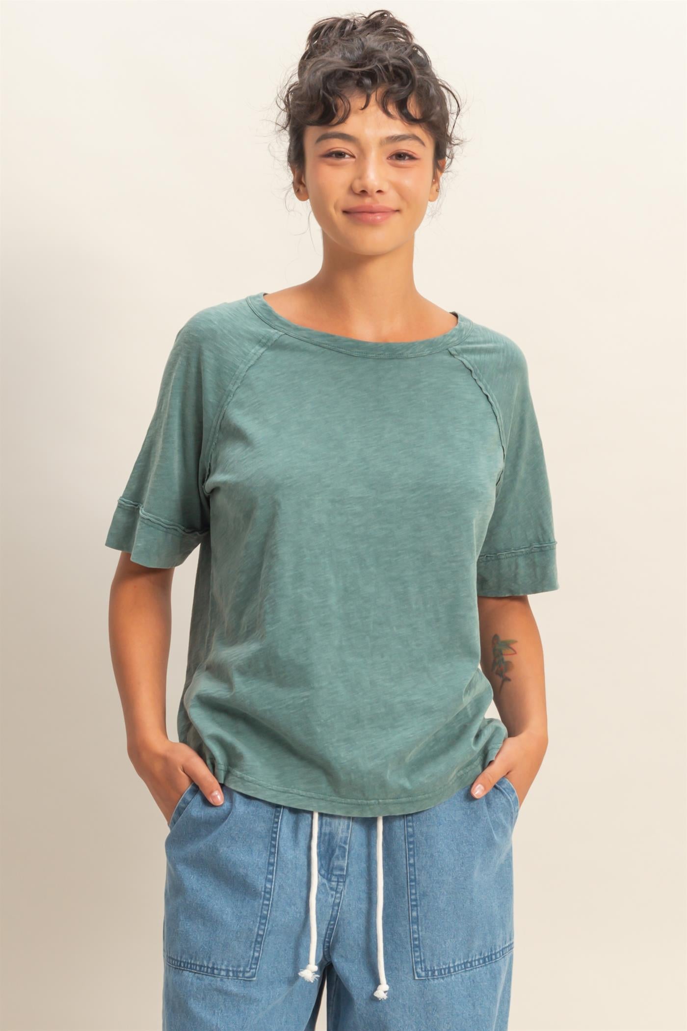 Wholesale Acid Wash Raw Seam Raglan Short Sleeve Tee Clothing Tops DZ26A655 DARK TEAL HYFVE