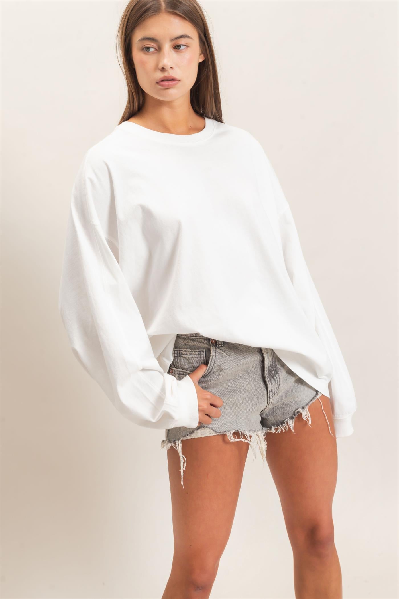Wholesale Pigment Dye Oversized Long Sleeve Top Clothing Tops DZ26A825 WHITE DOUBLE ZERO