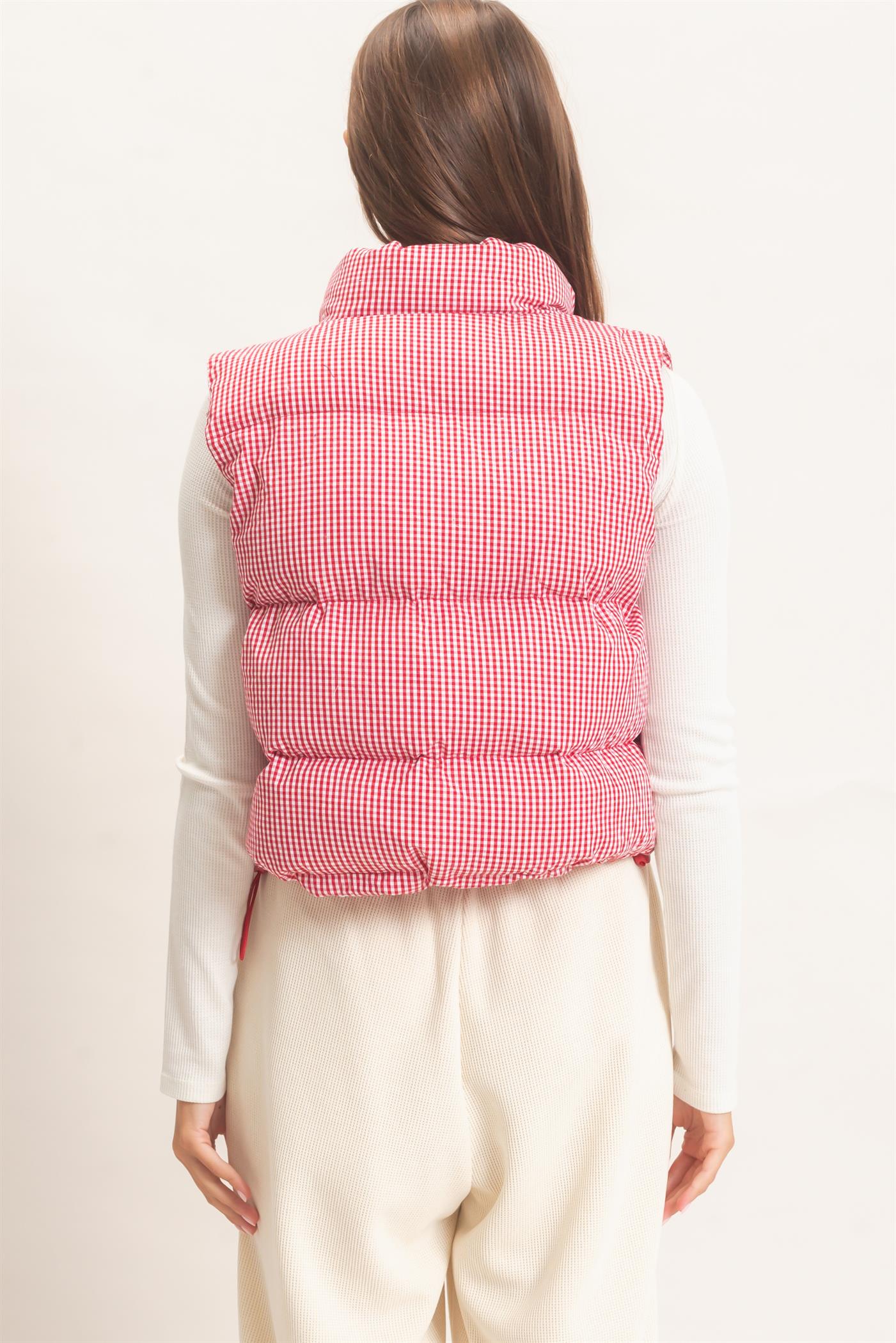 Wholesale Gingham Puffer Vest Vests DZ26F309 RED DOUBLE ZERO