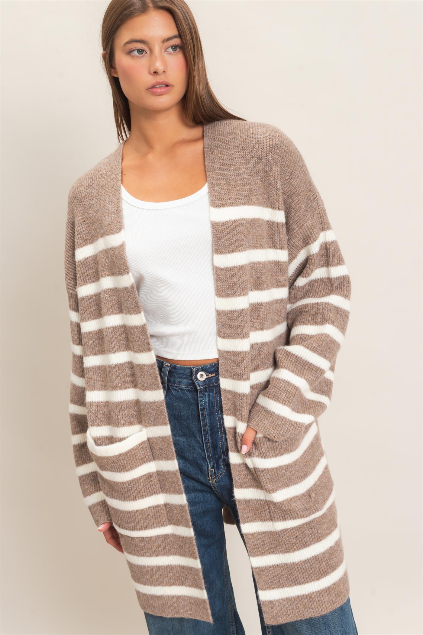 Wholesale Open Front Stripe Cardigan Cardigans DZ26C342 DARK TAUPE DOUBLE ZERO