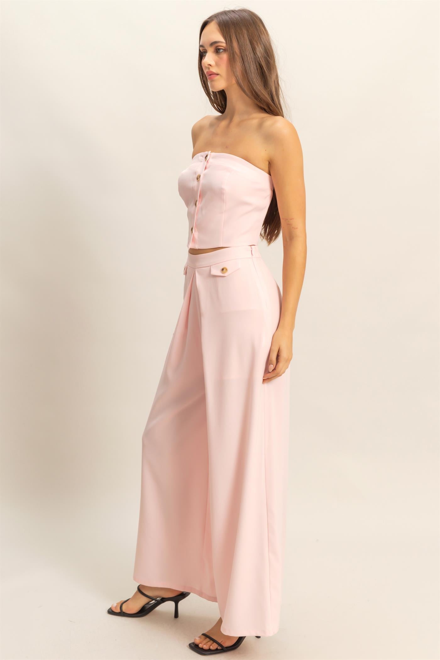 Wholesale Strapless Buttoned Top And Pants Set Clothing HF25E017-SET L.PINK HYFVE
