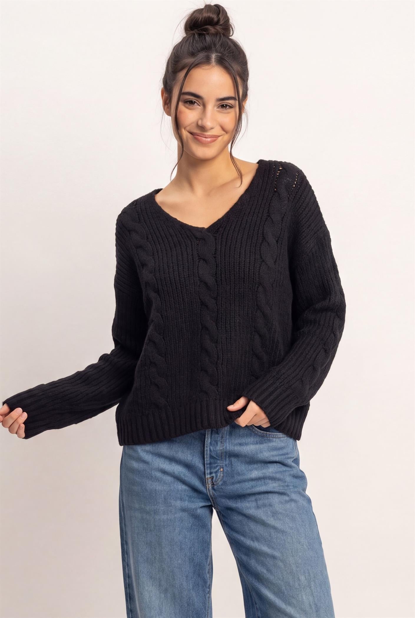 Wholesale Cable Knit V-Neck Sweater Sweaters DZ26E107 BLACK DOUBLE ZERO