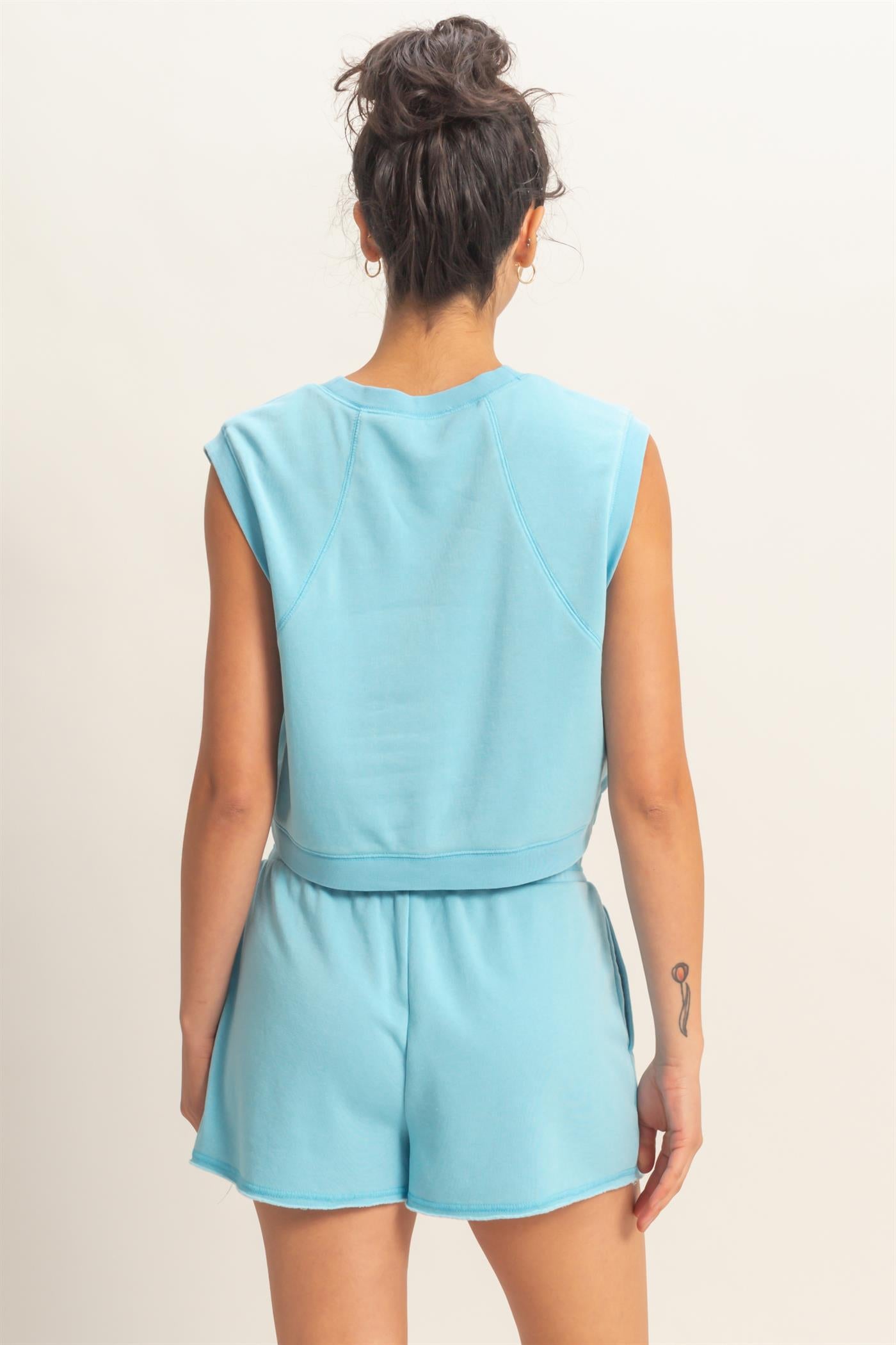 Wholesale Burnout French Terry Sleeveless Top & Shorts Set Clothing Tops DZ26A171-SET BLUE DOUBLE ZERO