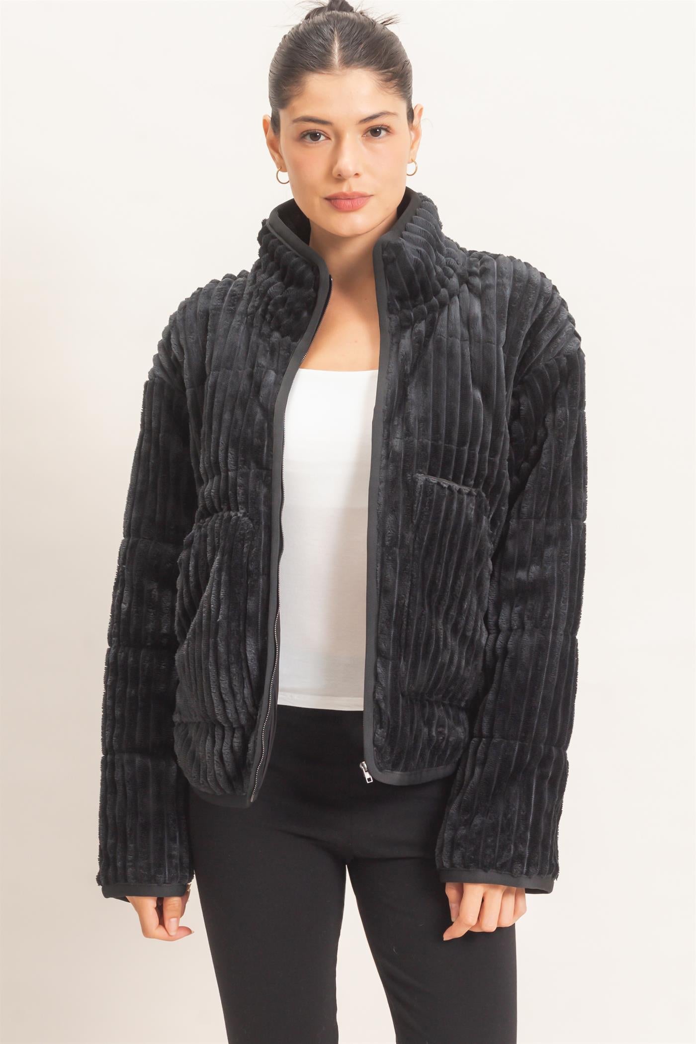 Wholesale Quilted Corduroy Zip-Up Jacket Coats & Jackets HF26E753 BLACK HYFVE
