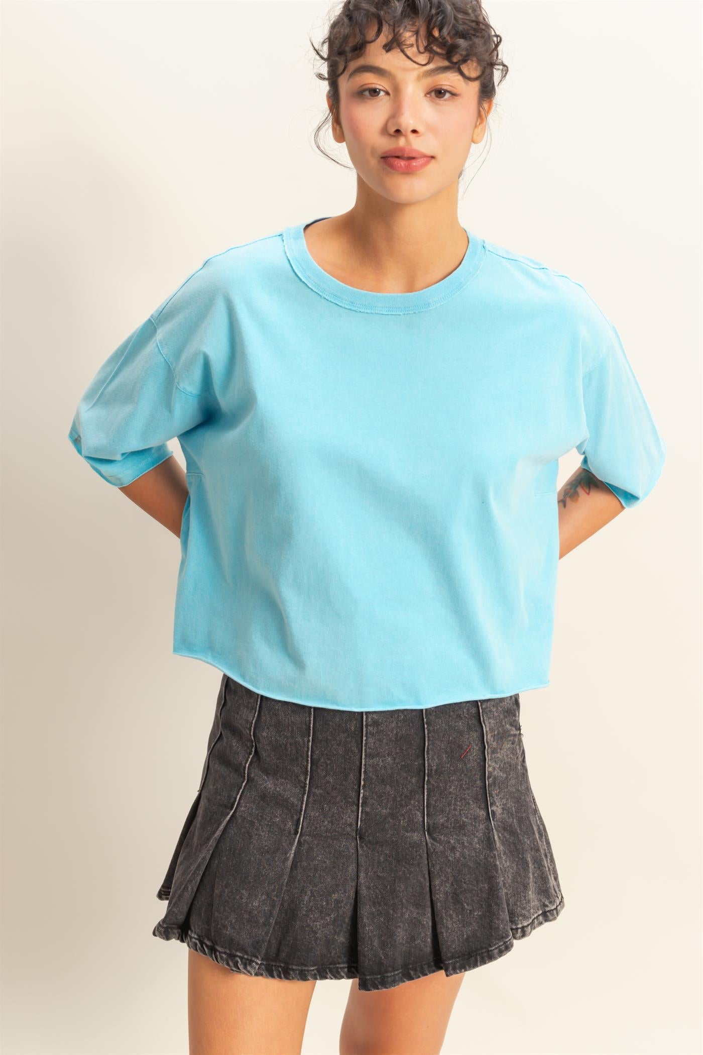 Wholesale Drop Shoulder Crew Neck Wide Fit Tee Clothing Tops DZ25A757 DUSTY INDIGO DOUBLE ZERO