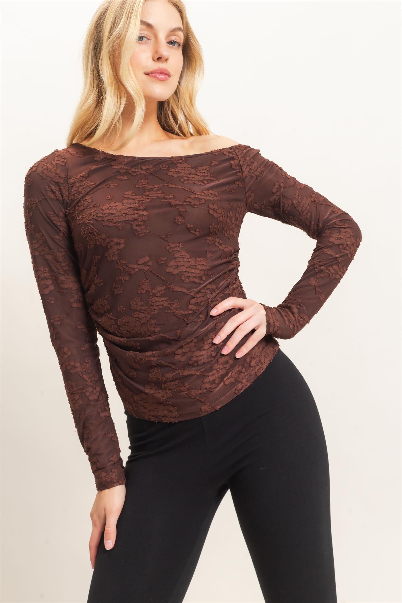 Wholesale Textured Mesh Off-Shoulder Top Blouses HF26F043 BROWN HYFVE