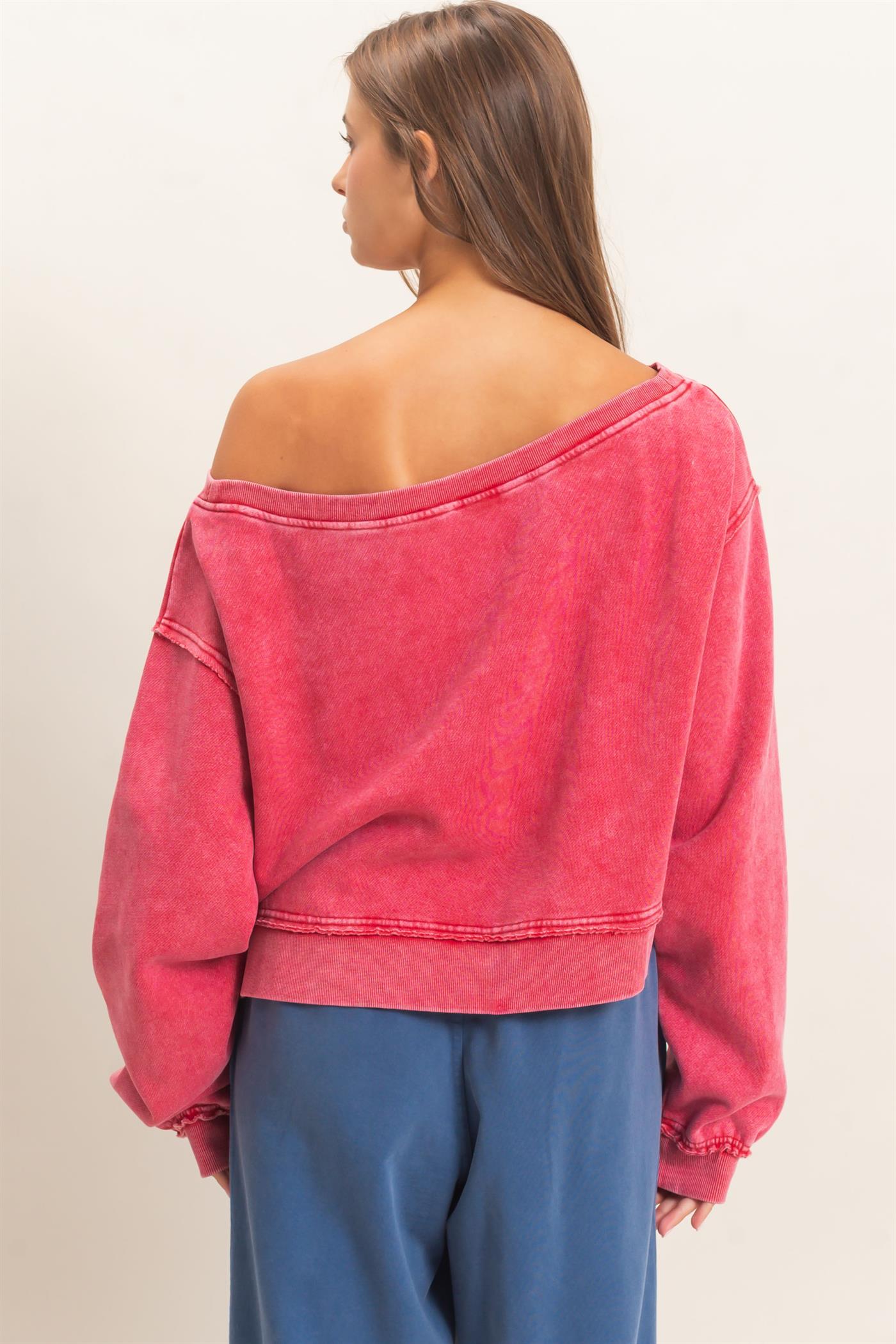 Wholesale Raw Edge Acid Wash Off The Shoulder Sweatshirt Sweatshirts DZ26F013 RED DOUBLE ZERO