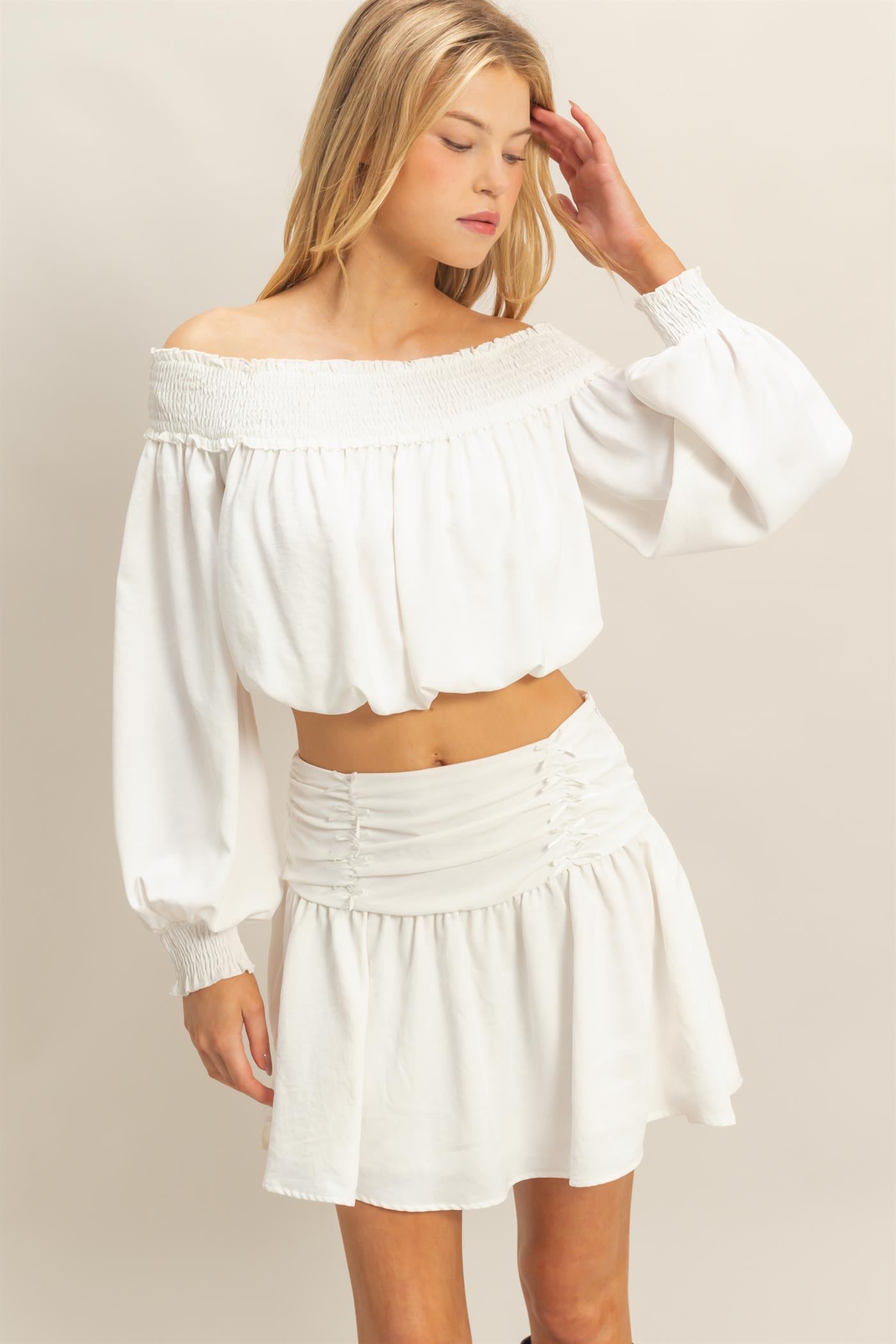 Wholesale Romantic Off Shoulder Top And Gathered Skirt Set Clothing HF25A243-SET OFF WHITE HYFVE