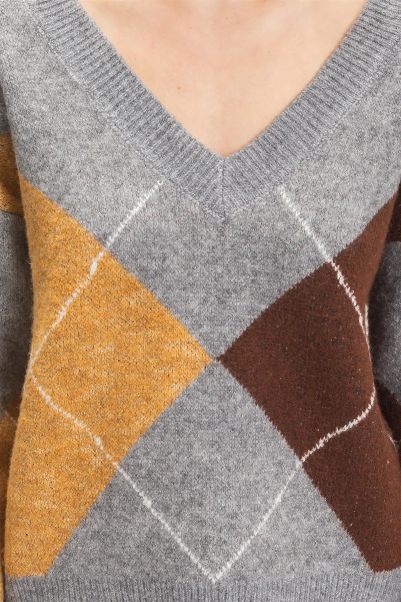 Wholesale Argyle Pattern V-Neck Sweater Sweaters HF26E475 HEATHER GRAY HYFVE