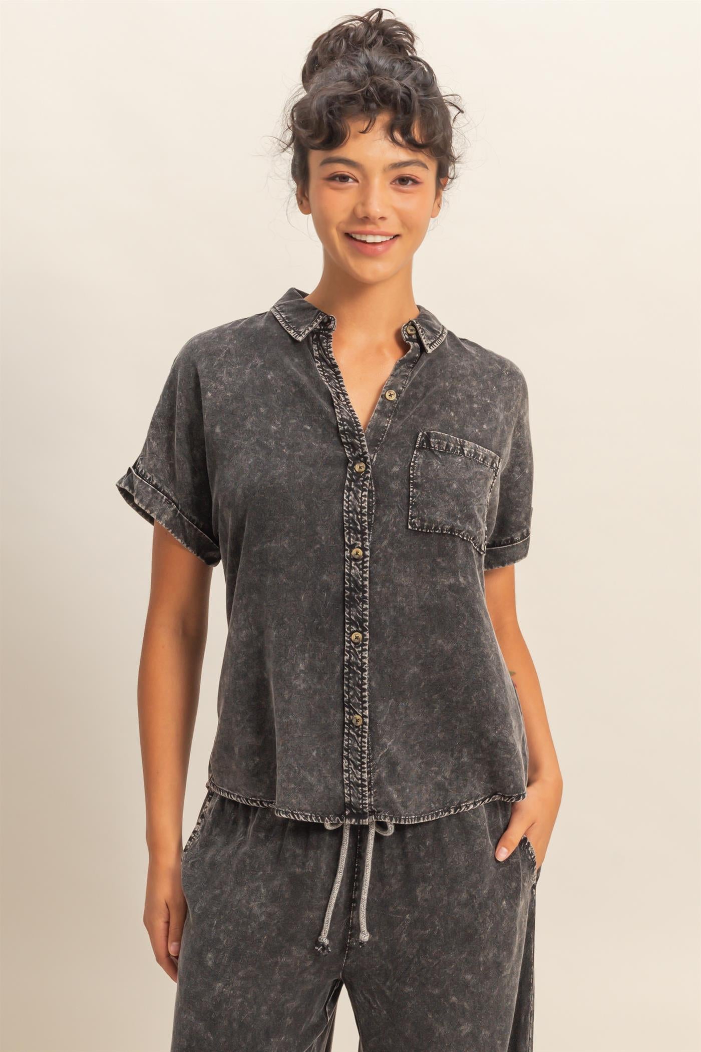 Wholesale Mineral Wash Button-Up Dolman Sleeve Shirt Shirts DZ26C132 BLACK DOUBLE ZERO