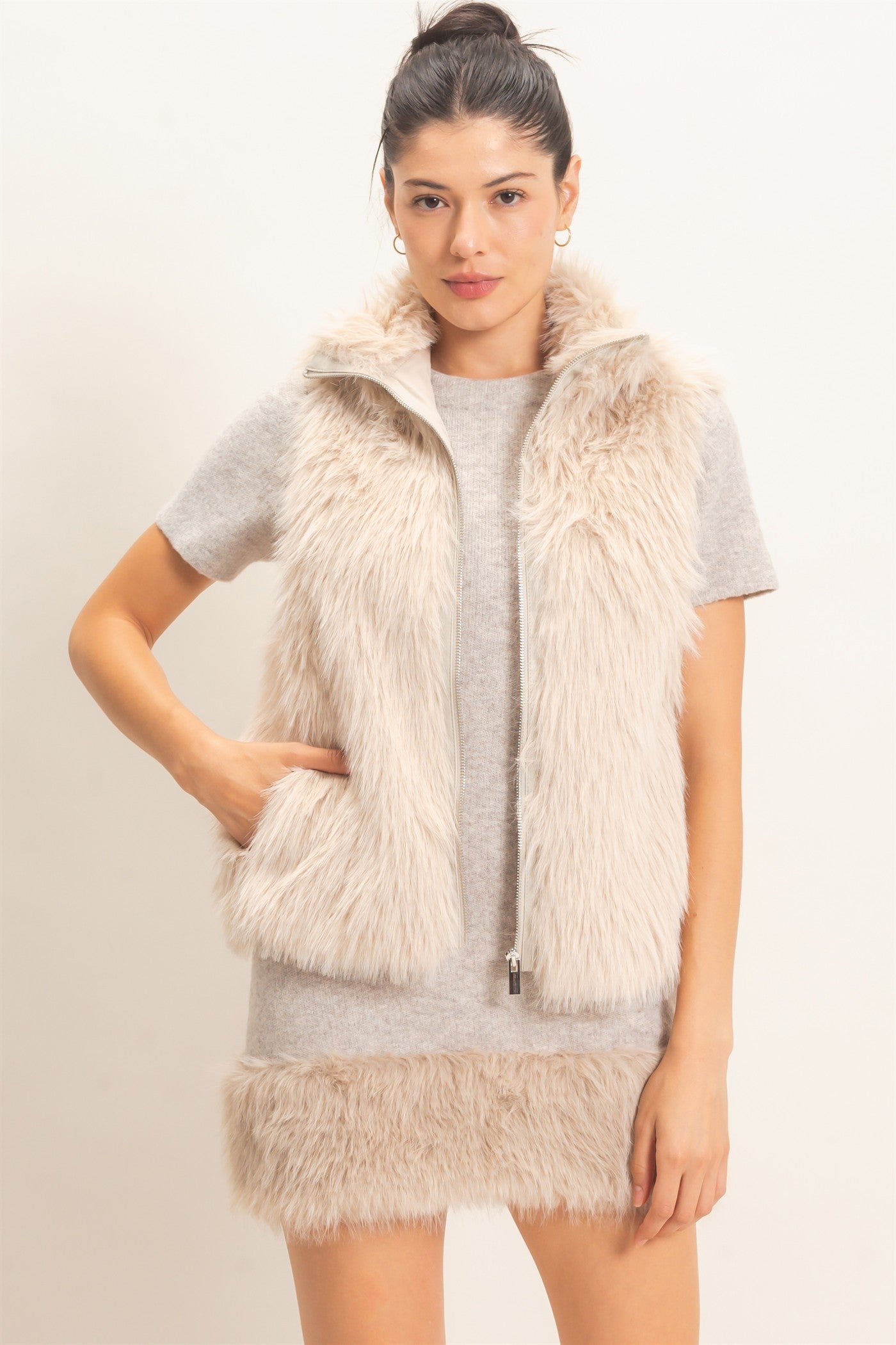 Wholesale Faux Fur Zip-Up Outerwear Vest Vests HF26E532 TAUPE HYFVE