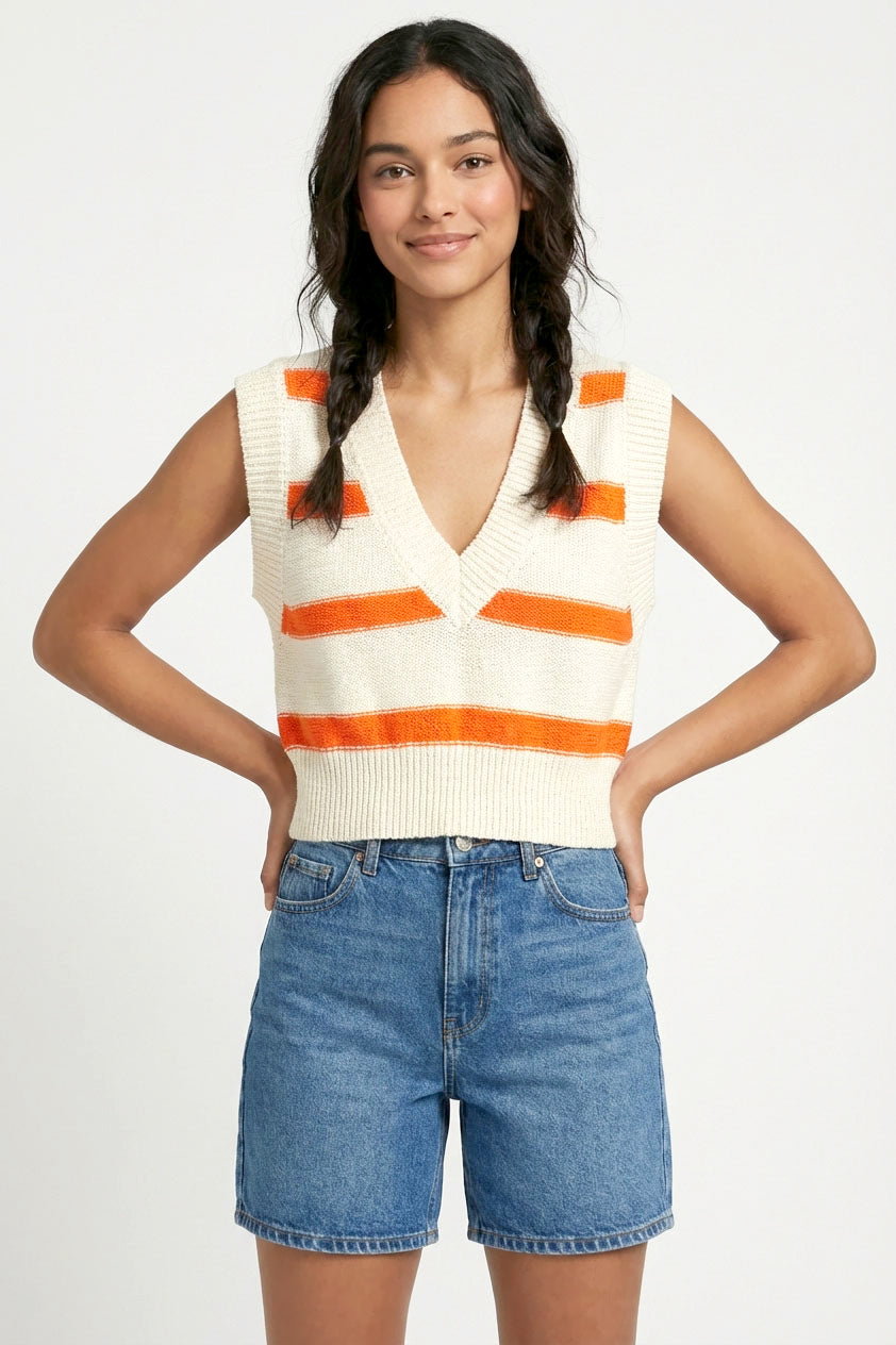 Wholesale Striped V-Neck Sweater Vest Vests DZ25A763 TOMATO/CREAM DOUBLE ZERO