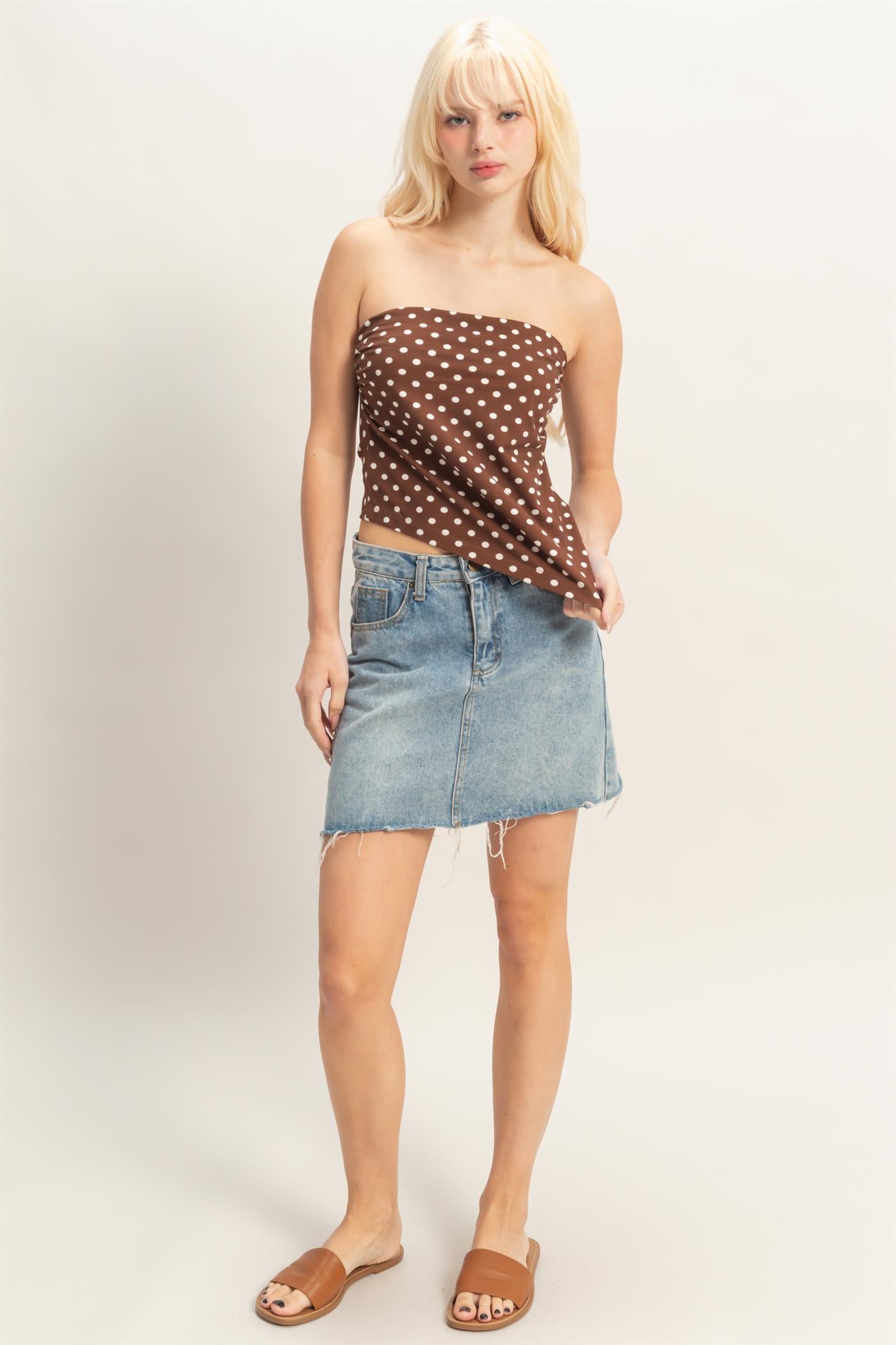 Wholesale Polka Dot Triangle Tube Top Clothing Tops DZ26C347 BROWN DOUBLE ZERO