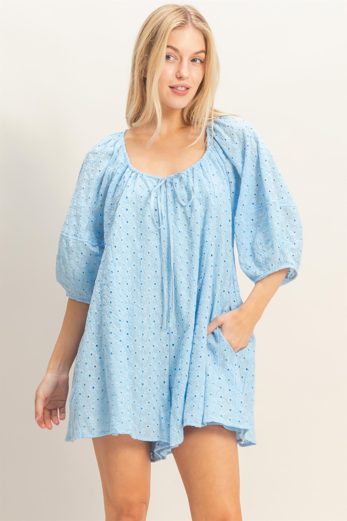 Wholesale Eyelet Babydoll Romper Clothing HF26A181 SKY BLUE HYFVE