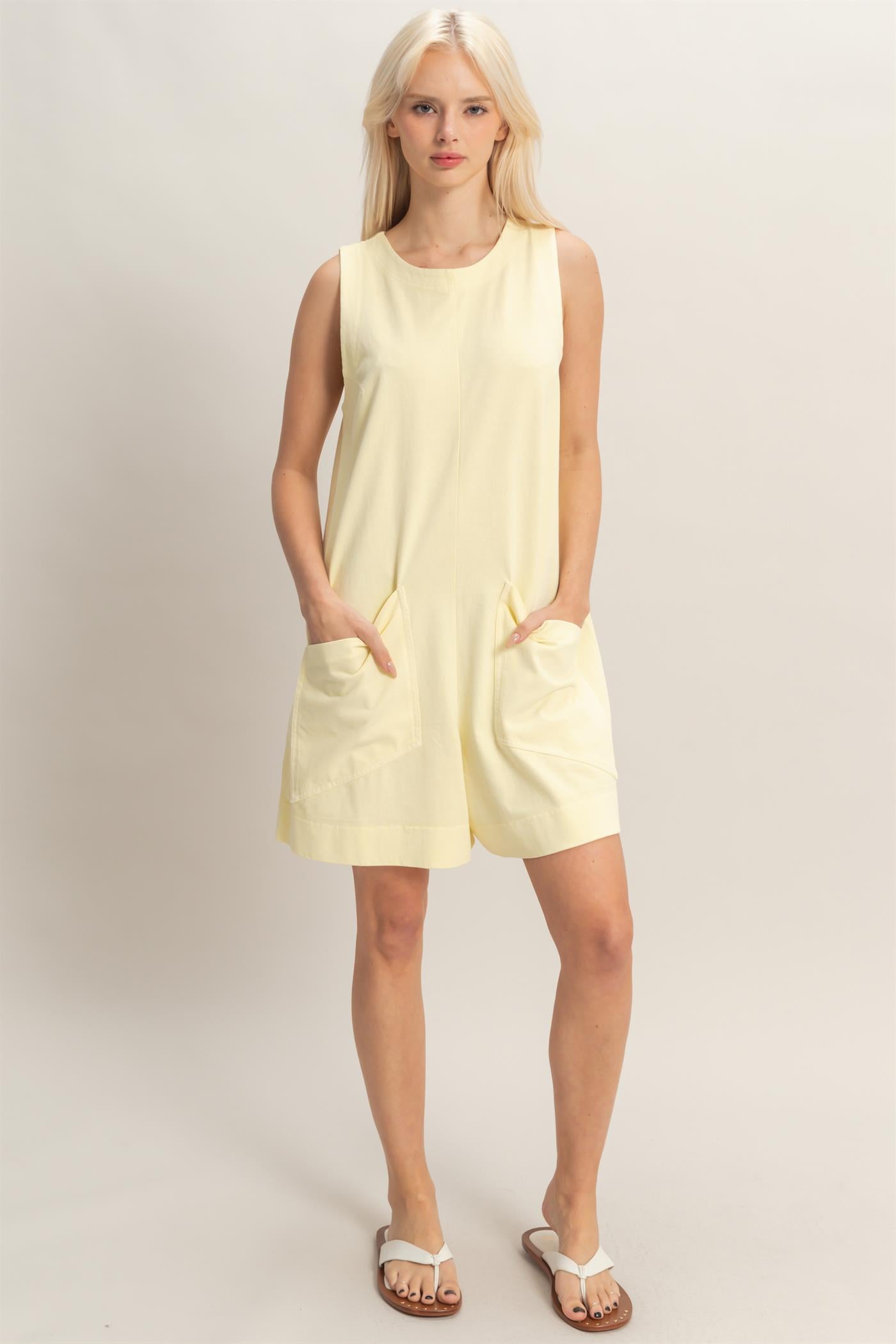 Wholesale Pocket Detail Sleeveless Romper Clothing DZ26A327 PALE YELLOW DOUBLE ZERO