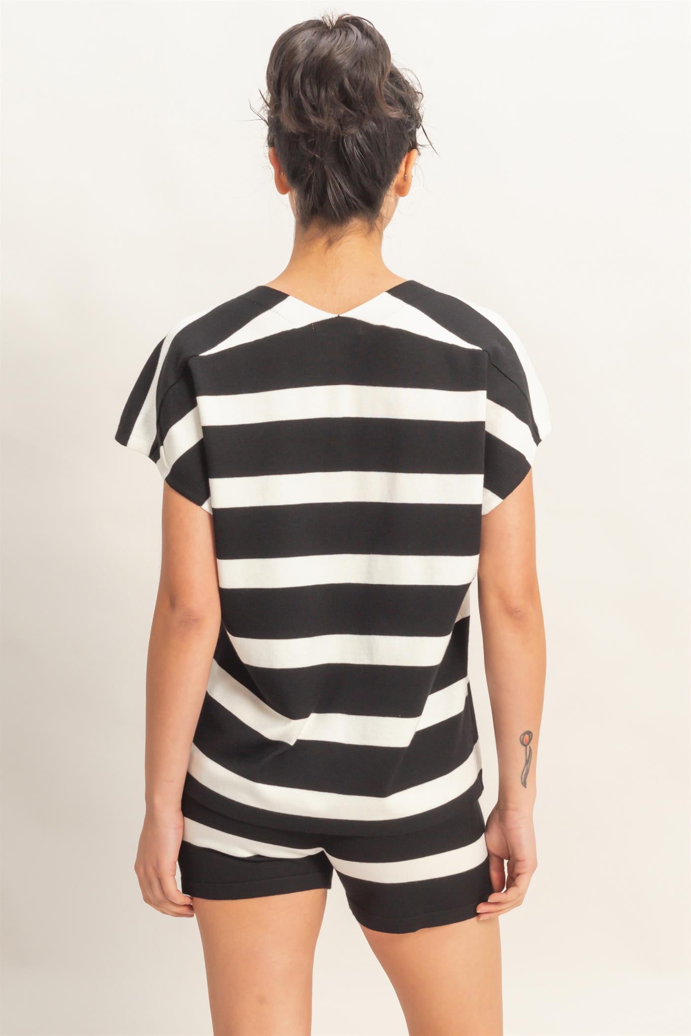 Wholesale V-Neck Top & Striped Shorts Set Clothing HF26A323-SET BLACK HYFVE