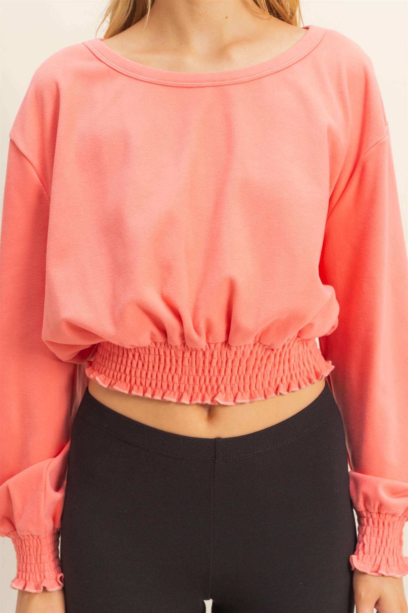 Wholesale Brushed Knit Smocked Crop Top Clothing Tops HF24C116 CORAL HYFVE