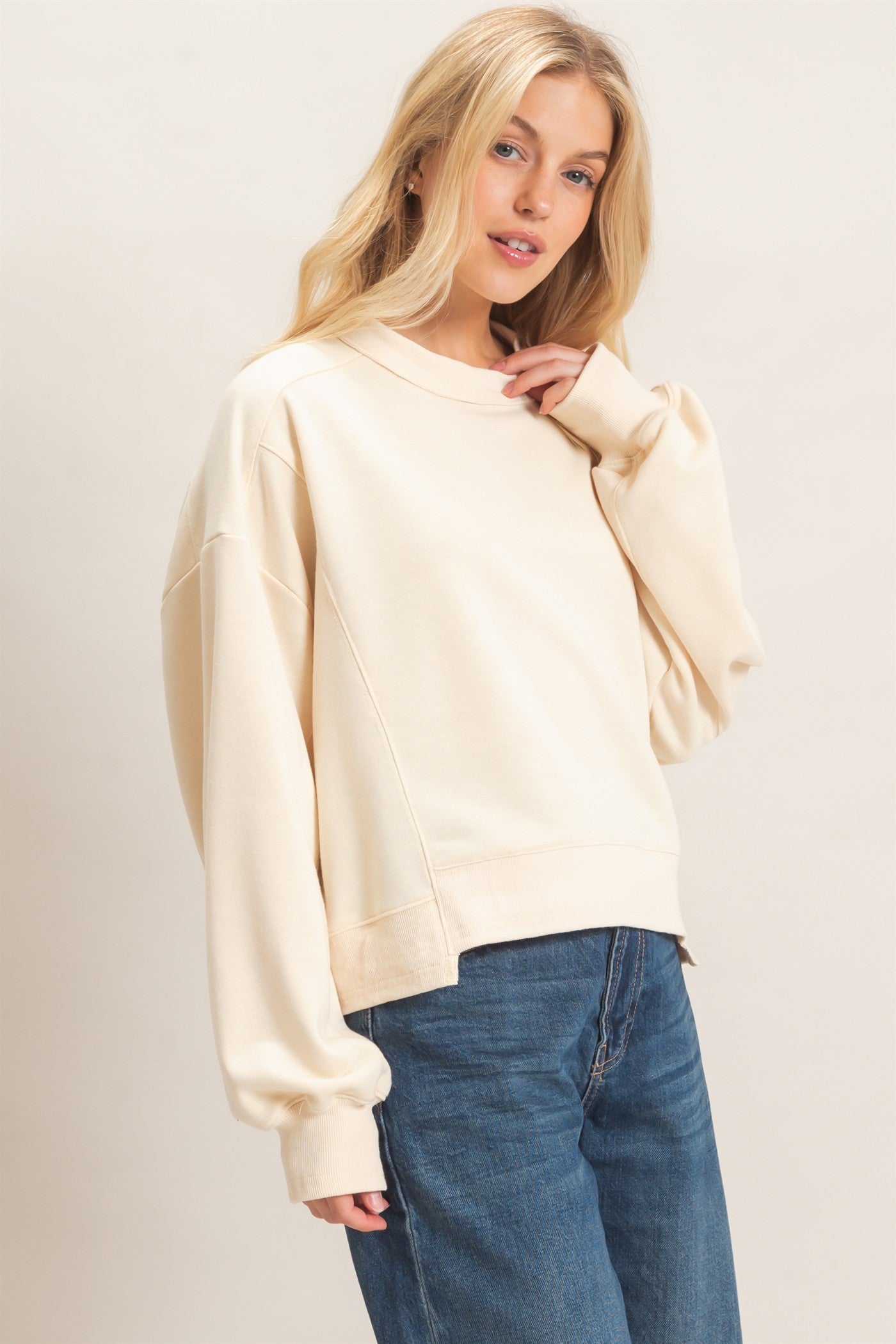 Wholesale Ribbed Crew Neck Sweatshirt Sweatshirts HF26F087 CREAM HYFVE