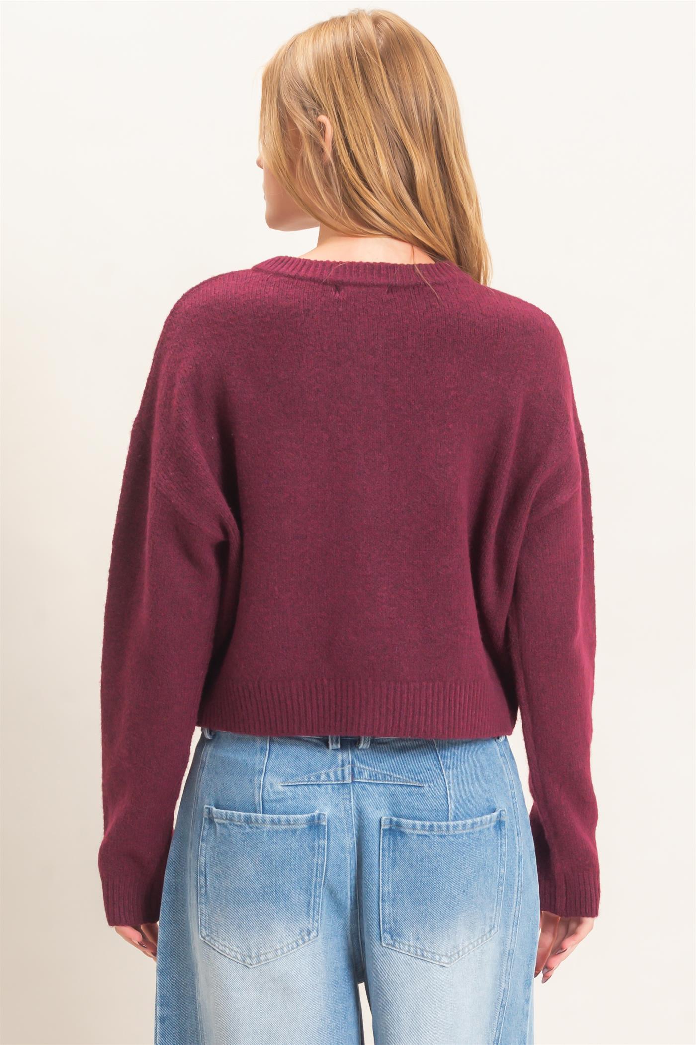 Wholesale Crew Neck Cardigan Sweater Cardigans HF26E226-D BURGUNDY HYFVE