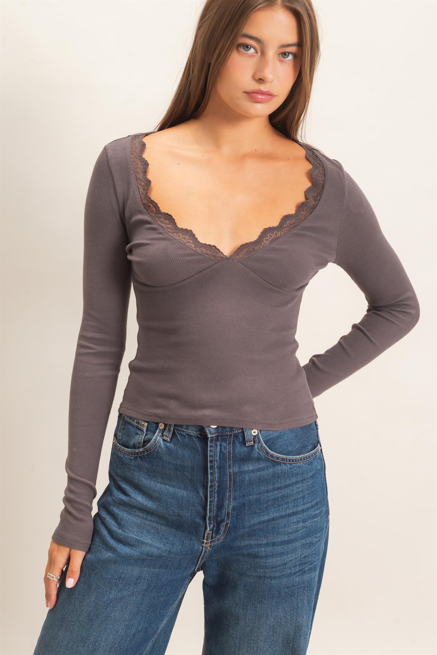 Wholesale Lace Trim V-Neck Top Clothing Tops DZ26E913 CHARCOAL DOUBLE ZERO